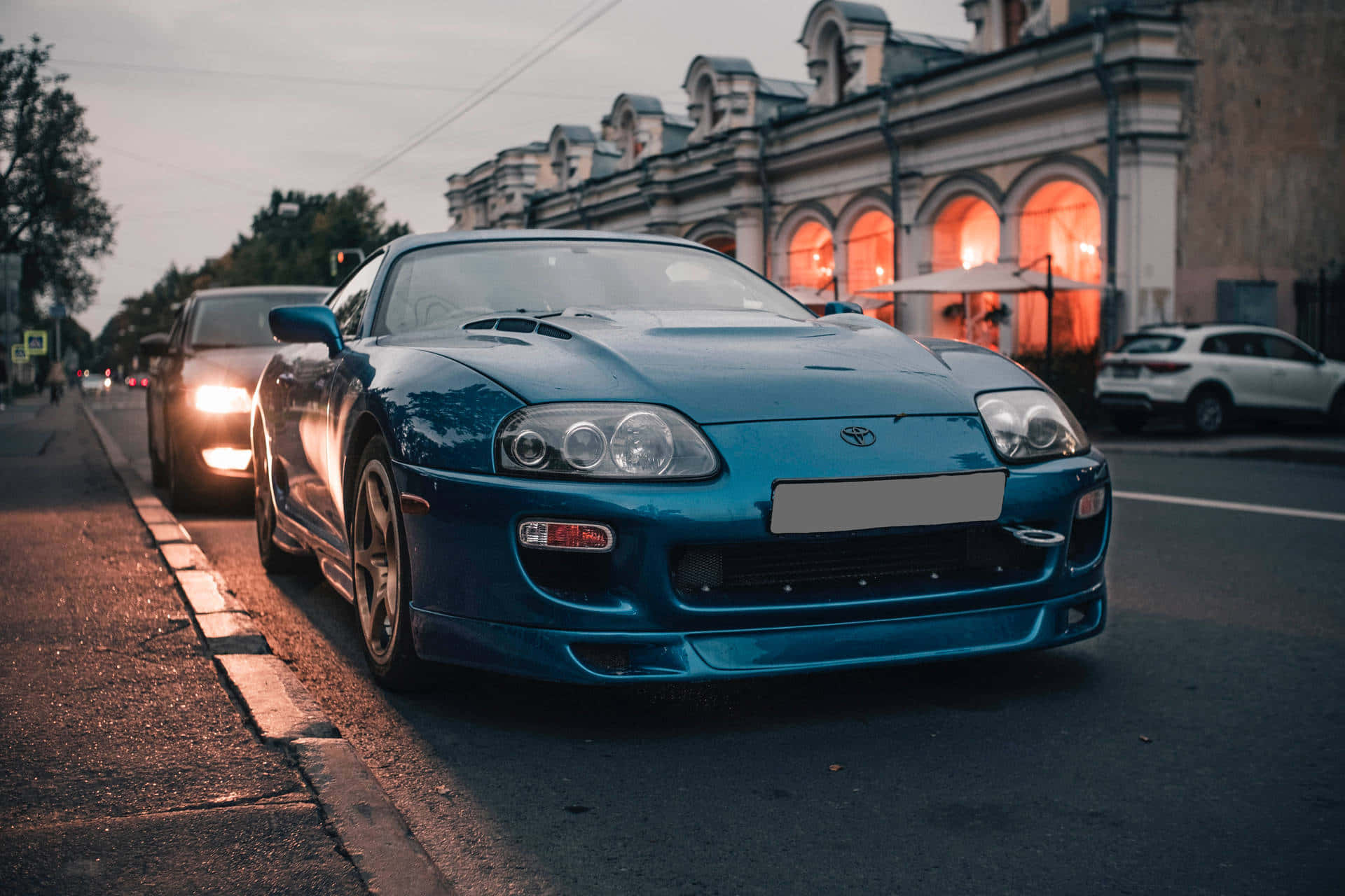 sleek blue sports car, city street, dusk, Full HD Desktop Wallpaper