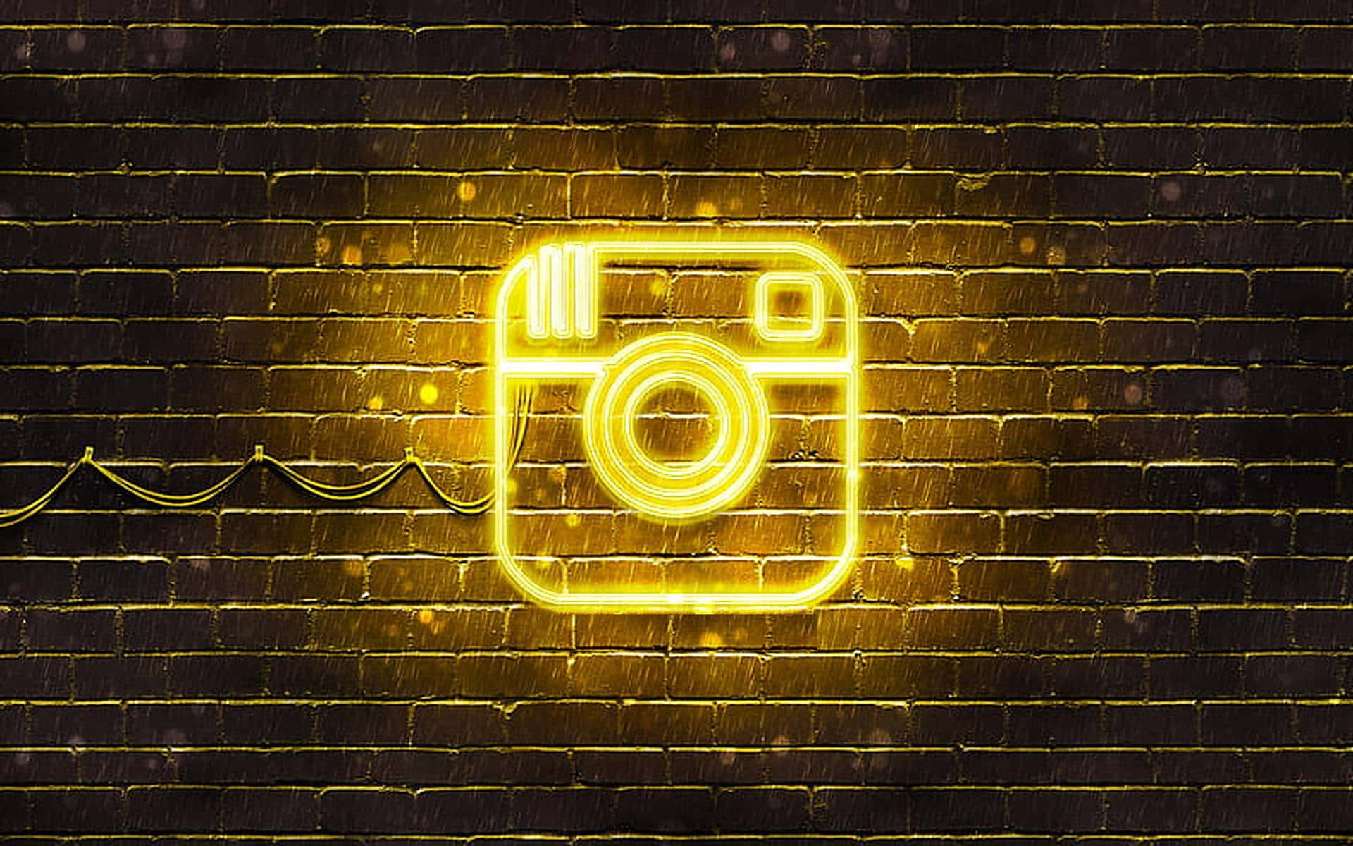 Instagram logo, glowing yellow neon, dark wet brick wall, Full HD Desktop Wallpaper