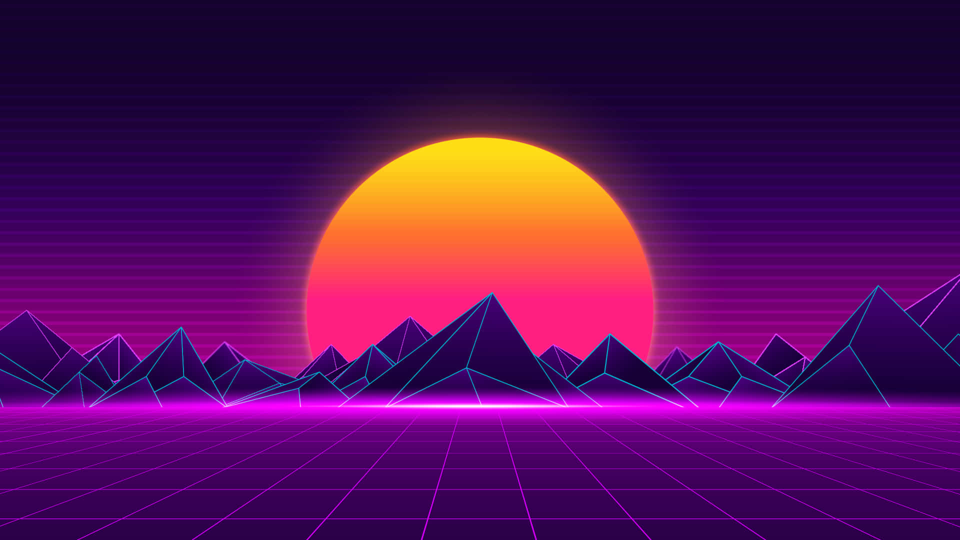neon sunset, geometric mountains, glowing grid, Full HD Desktop Wallpaper