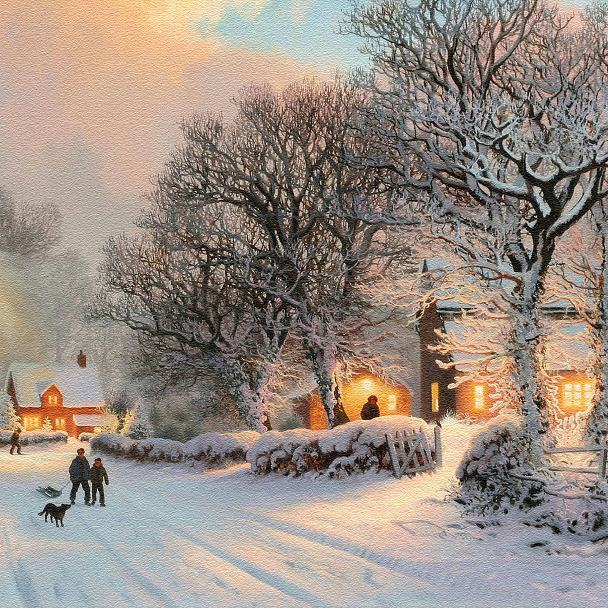 4K iPad, snowy village, golden hour, Full HD Desktop Wallpaper