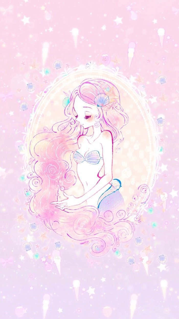anime-style mermaid, flowing pink hair, ornate frame, SD Phone Wallpaper
