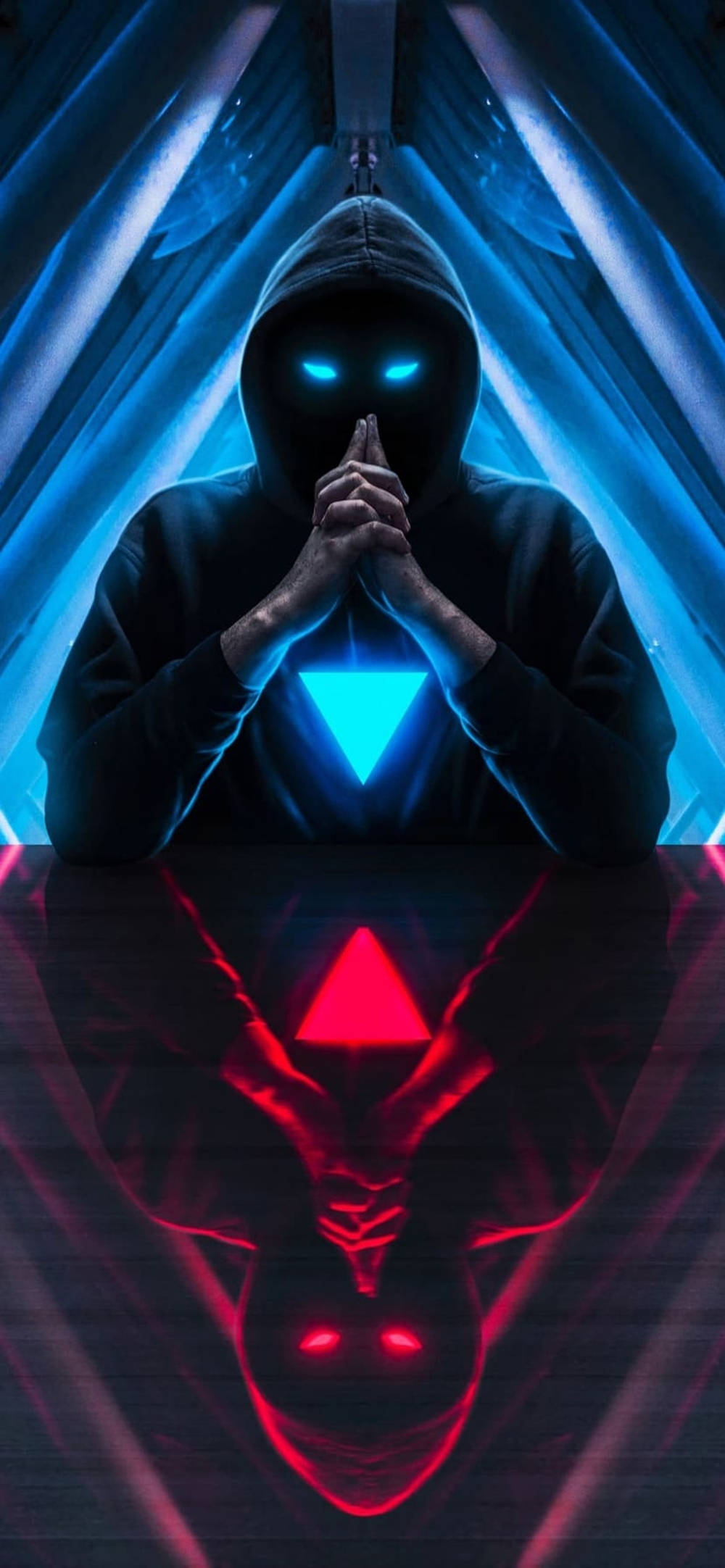iPhone 11, blue and red hooded man, glowing blue eyes, Full HD Phone Wallpaper