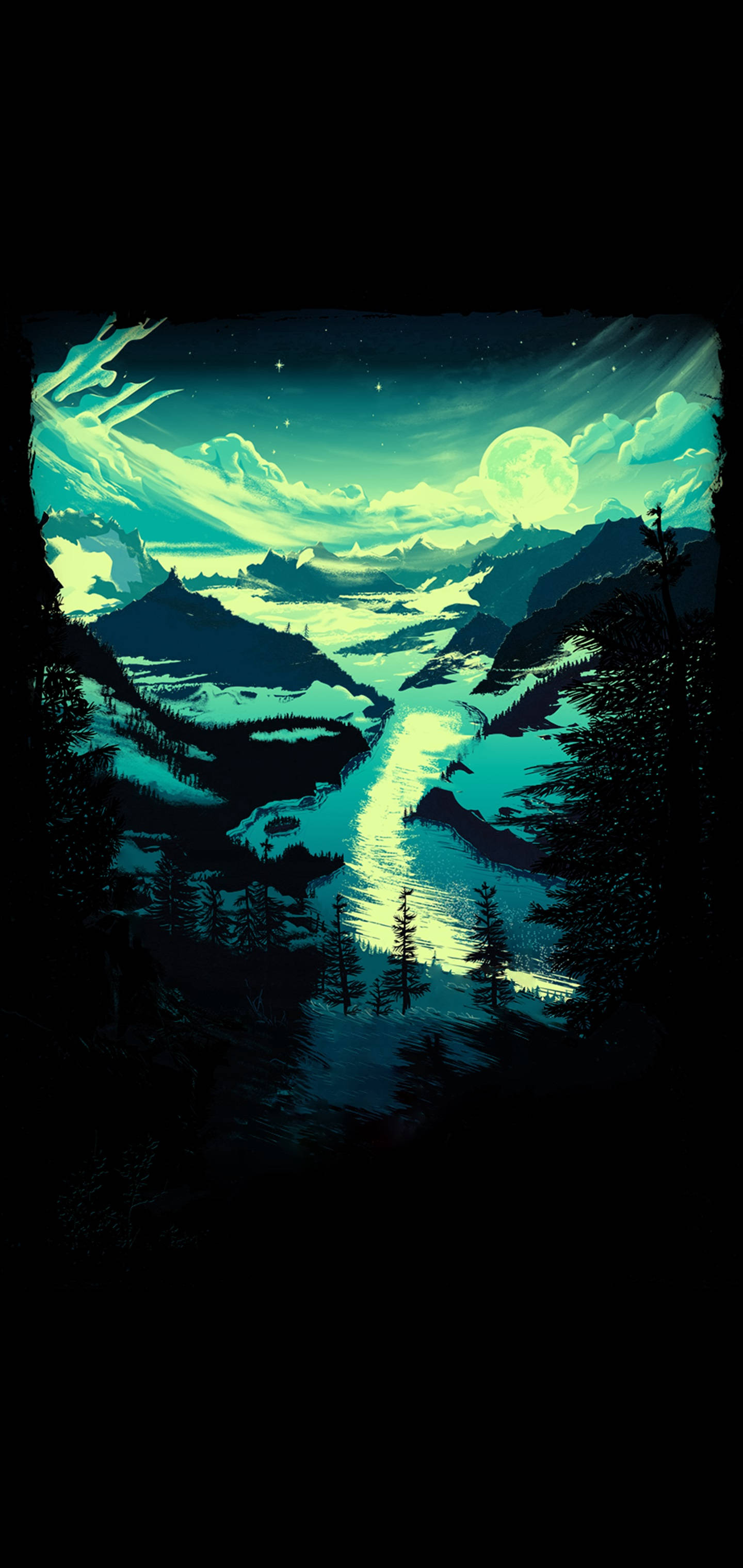 iPhone 11, teal moon, winding river, 2K Phone Wallpaper