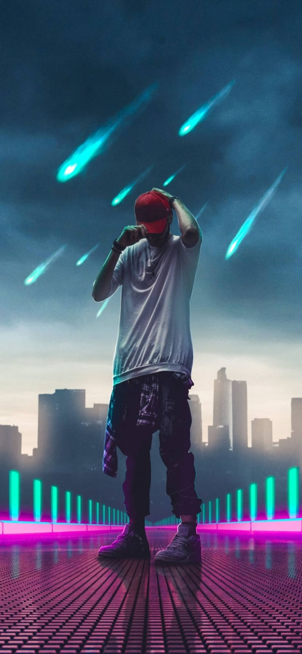 iPhone 11, red cap, glowing pink grid, Full HD Phone Wallpaper