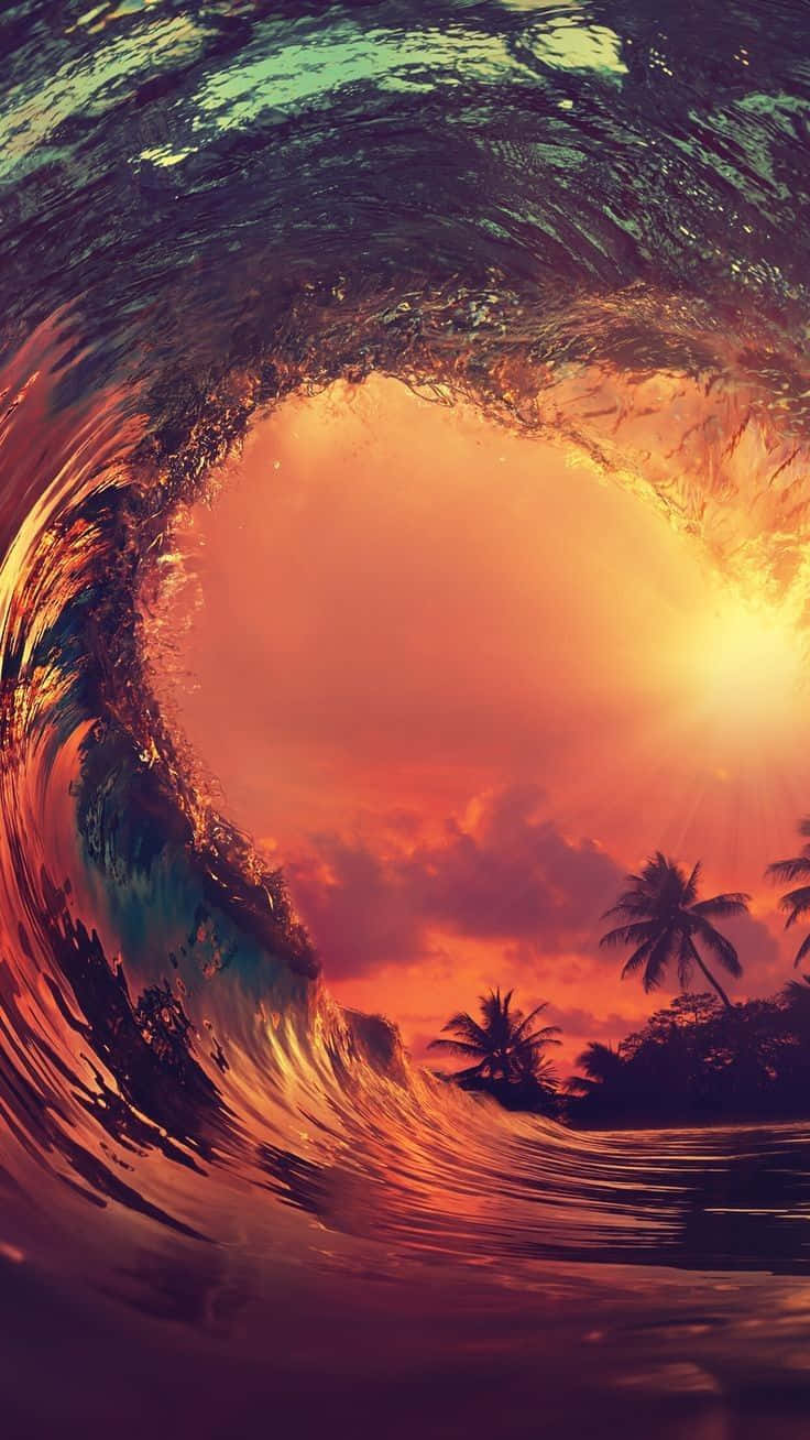 Ocean Wave, Fiery Sunset, Palm Trees, HD Phone Wallpaper