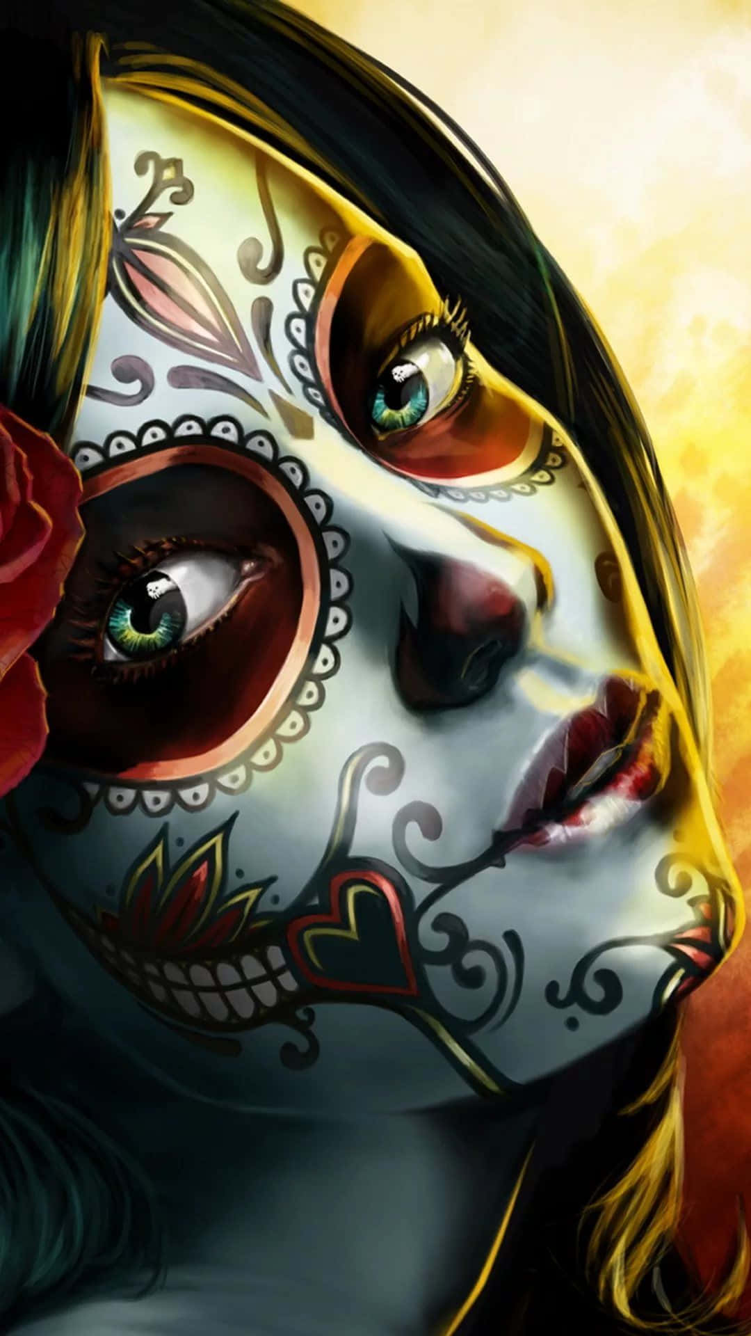 sugar skull makeup, golden background, red rose, Full HD Phone Wallpaper