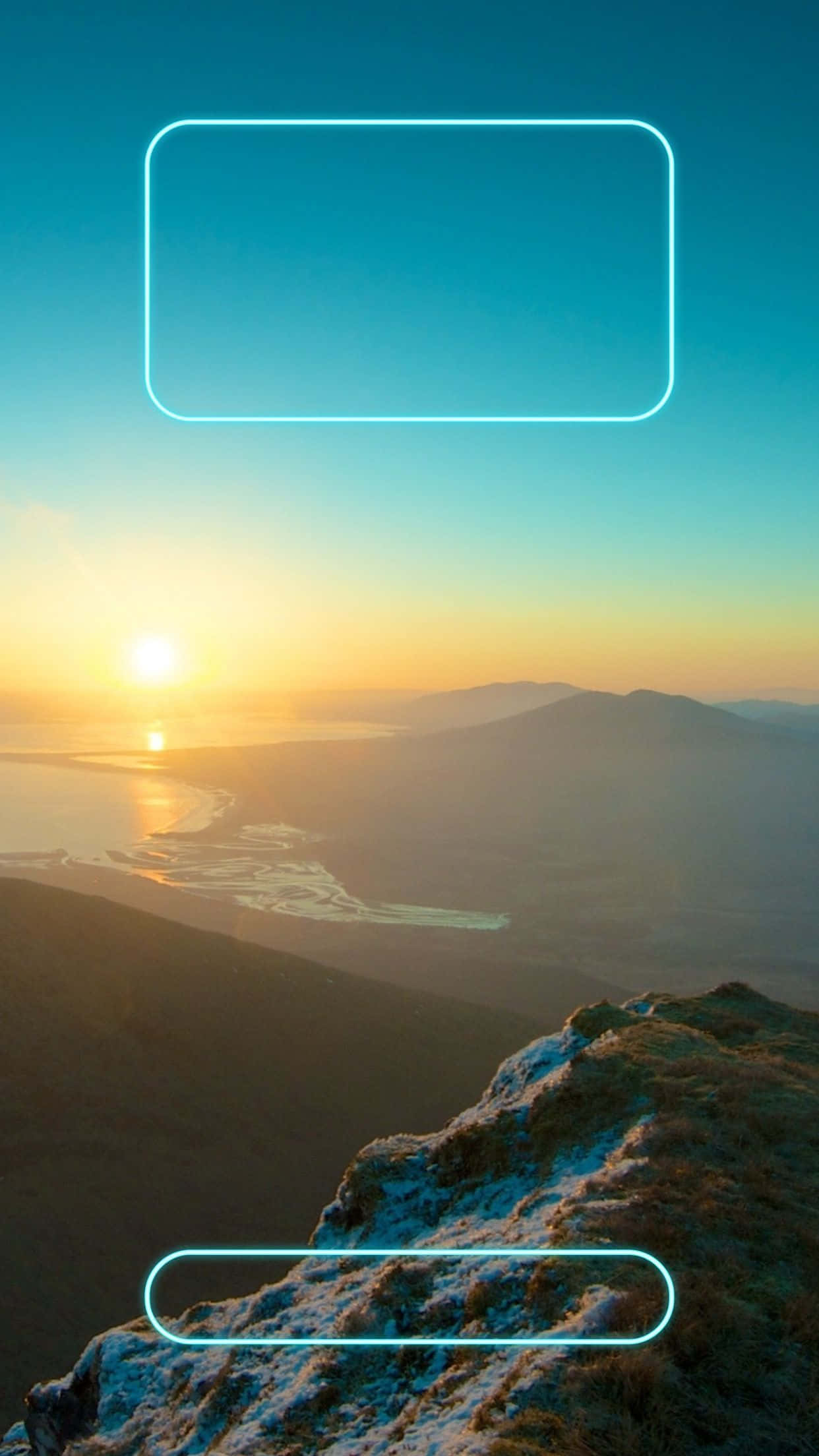 Sunset, mountainous coastline, glowing neon rectangles, Full HD Phone Wallpaper