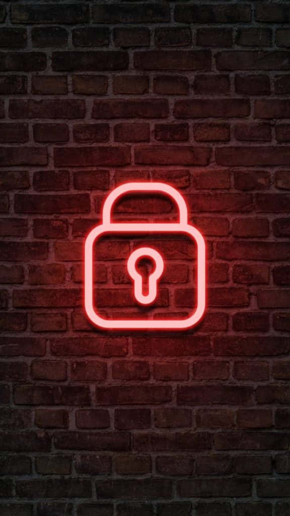 glowing red neon padlock symbol, dark brick wall, moody urban night scene, SD Phone Wallpaper