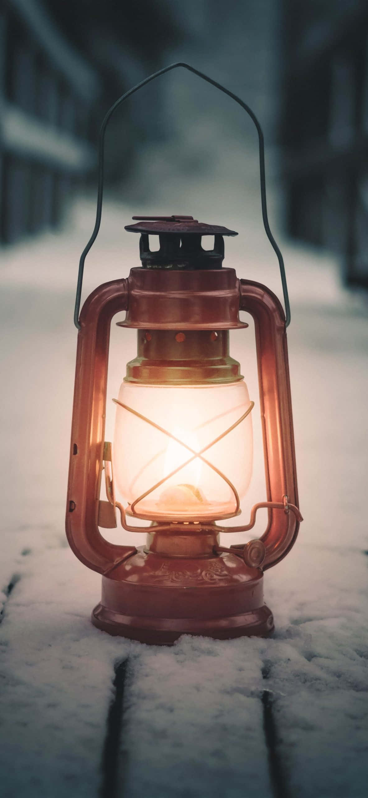 copper lantern, snowy ground, winter scene, 2K Phone Wallpaper