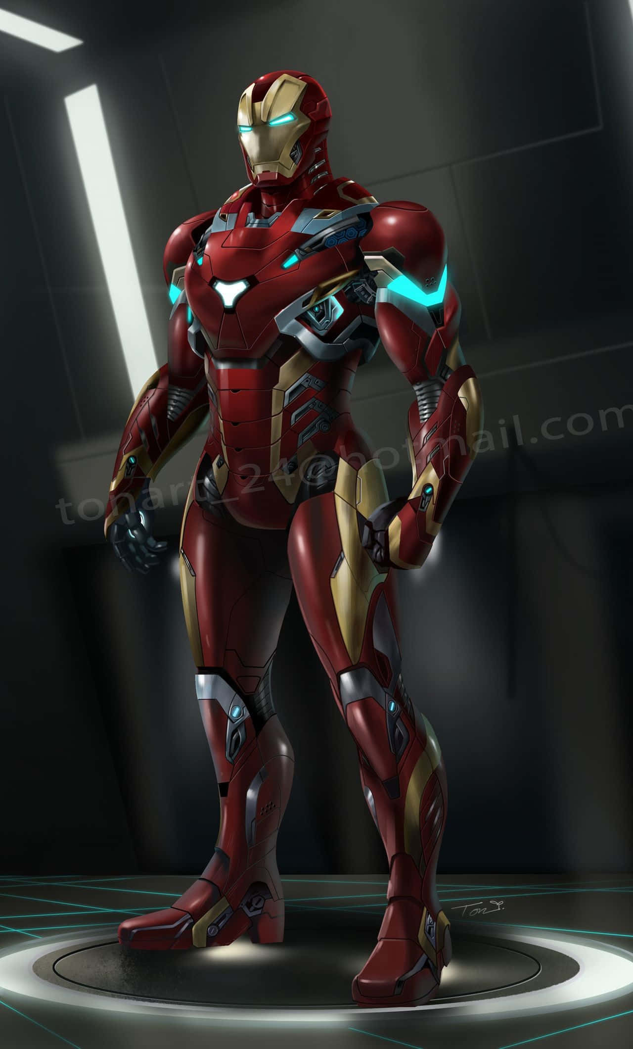 Iron Man, red and gold armor, glowing blue accents, Full HD Phone Wallpaper