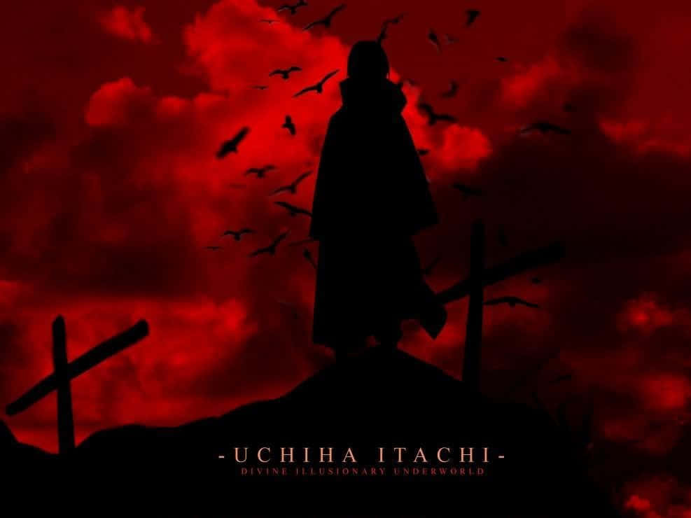 Cool Itachi, blood red sky, cloaked figure, SD Desktop Wallpaper