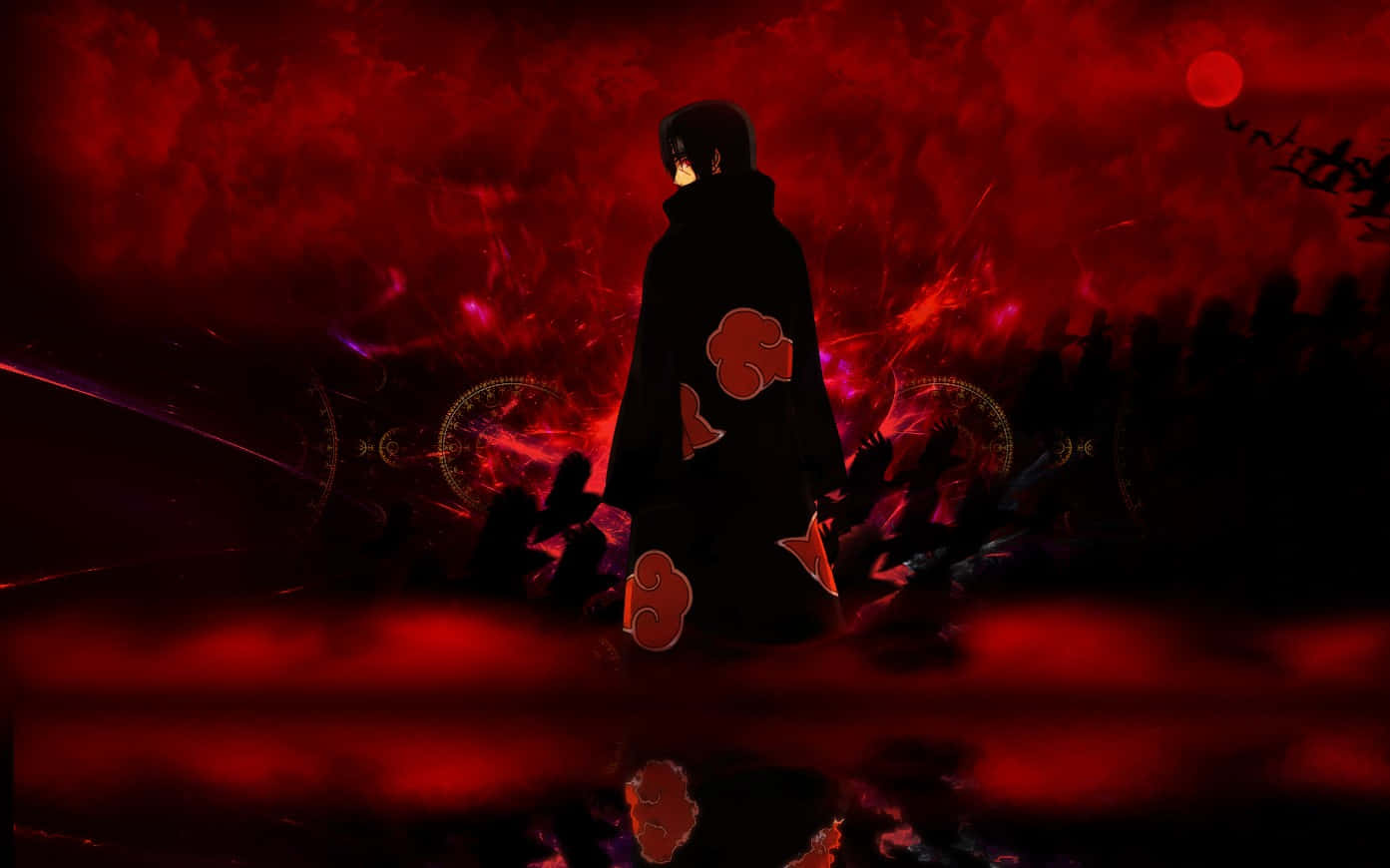 Cool Itachi, red cloud cloak, fiery red and black cosmic backdrop, HD Desktop Wallpaper