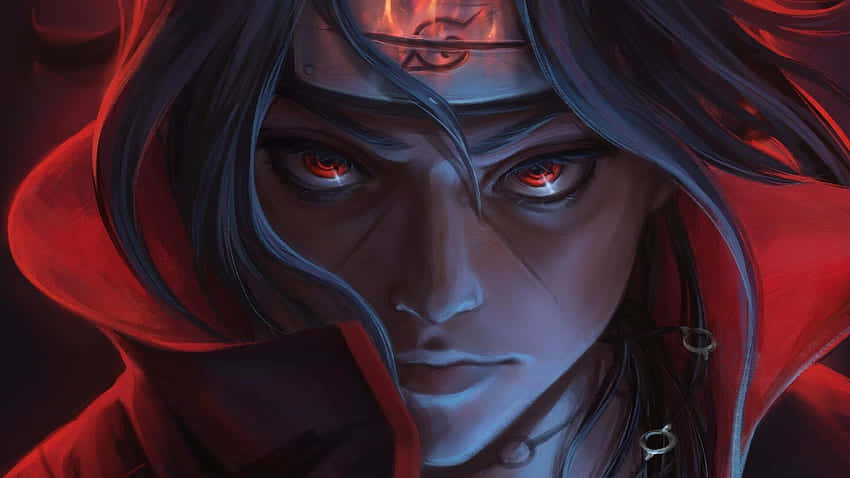 Cool Itachi, glowing red eyes, red hooded cloak, SD Desktop Wallpaper