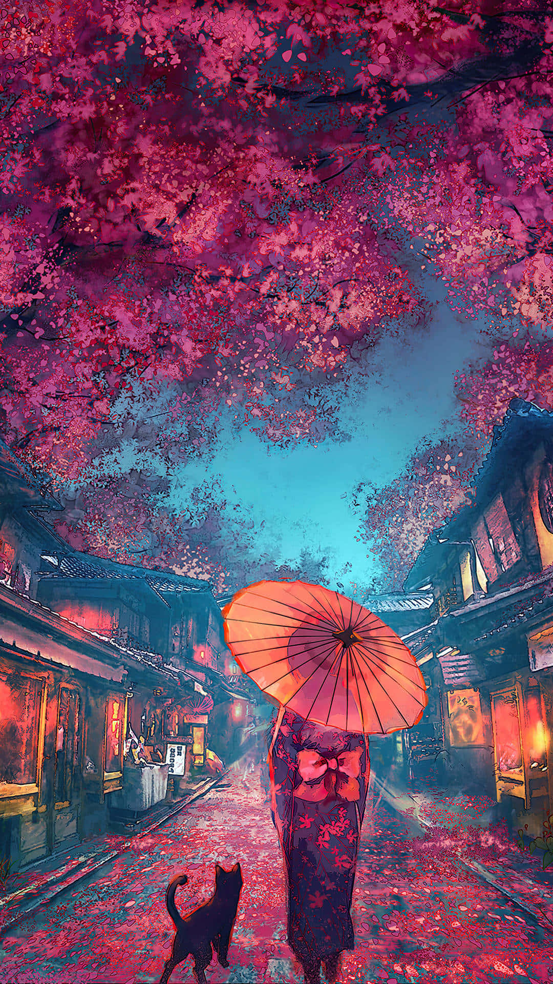 cool japanese tree, orange umbrella, vibrant pink cherry blossoms, Full HD Phone Wallpaper