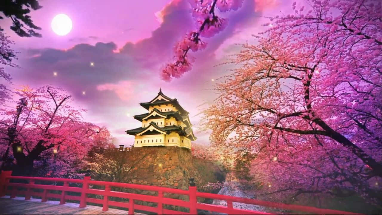 Japanese castle, glowing full moon, vibrant pink cherry blossoms, HD Desktop Wallpaper