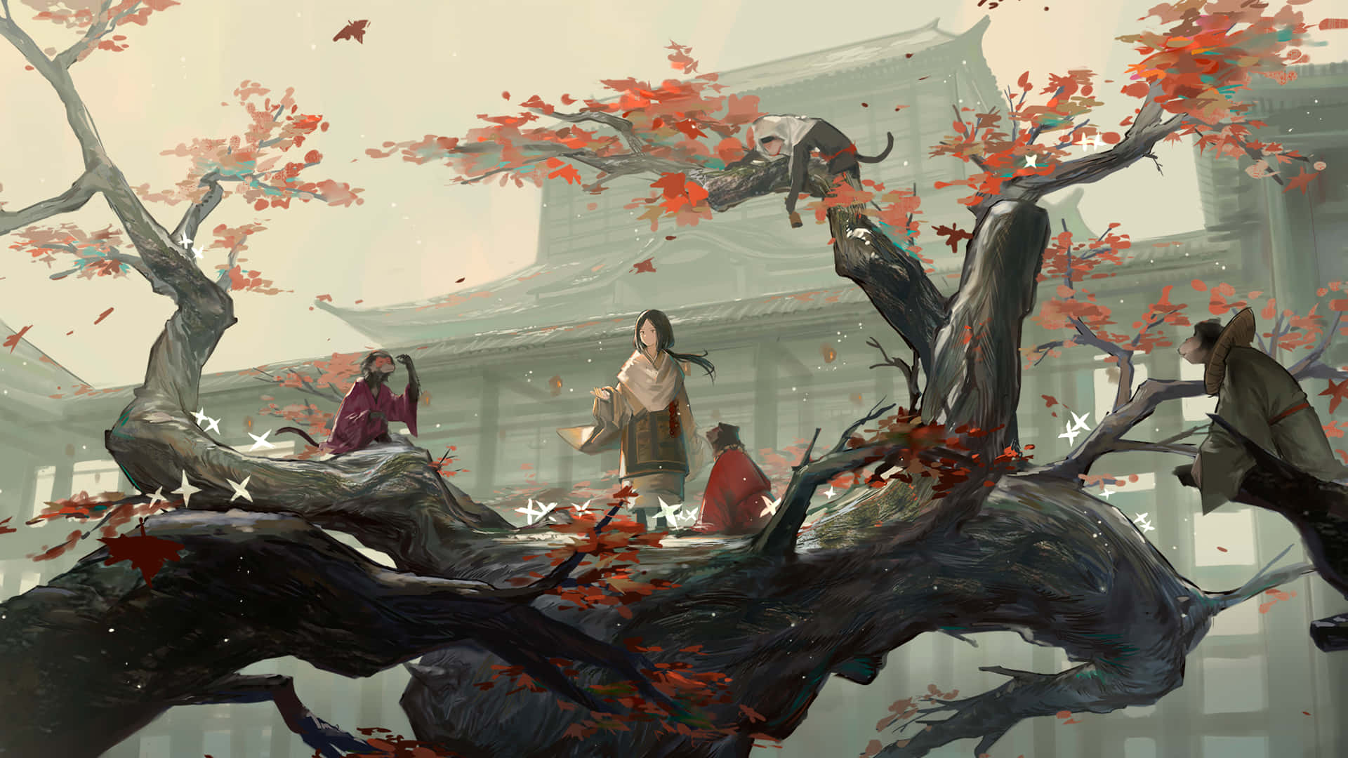 Gigantically Cool Japanese Tree, traditional robes, gnarled tree, Full HD Desktop Wallpaper