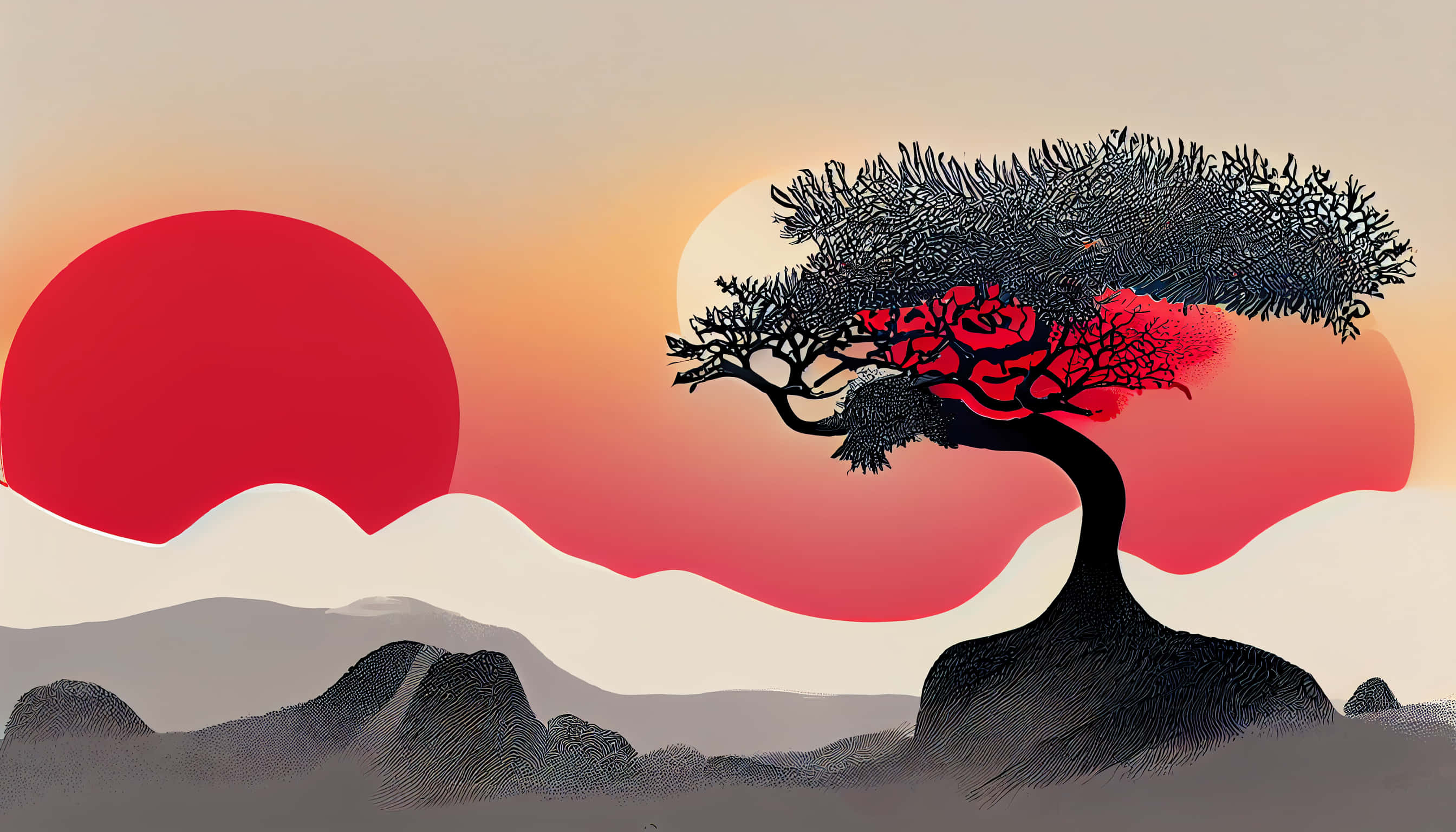 Japanese tree, red blossoms, gradient sunset sky, 2K Desktop Wallpaper