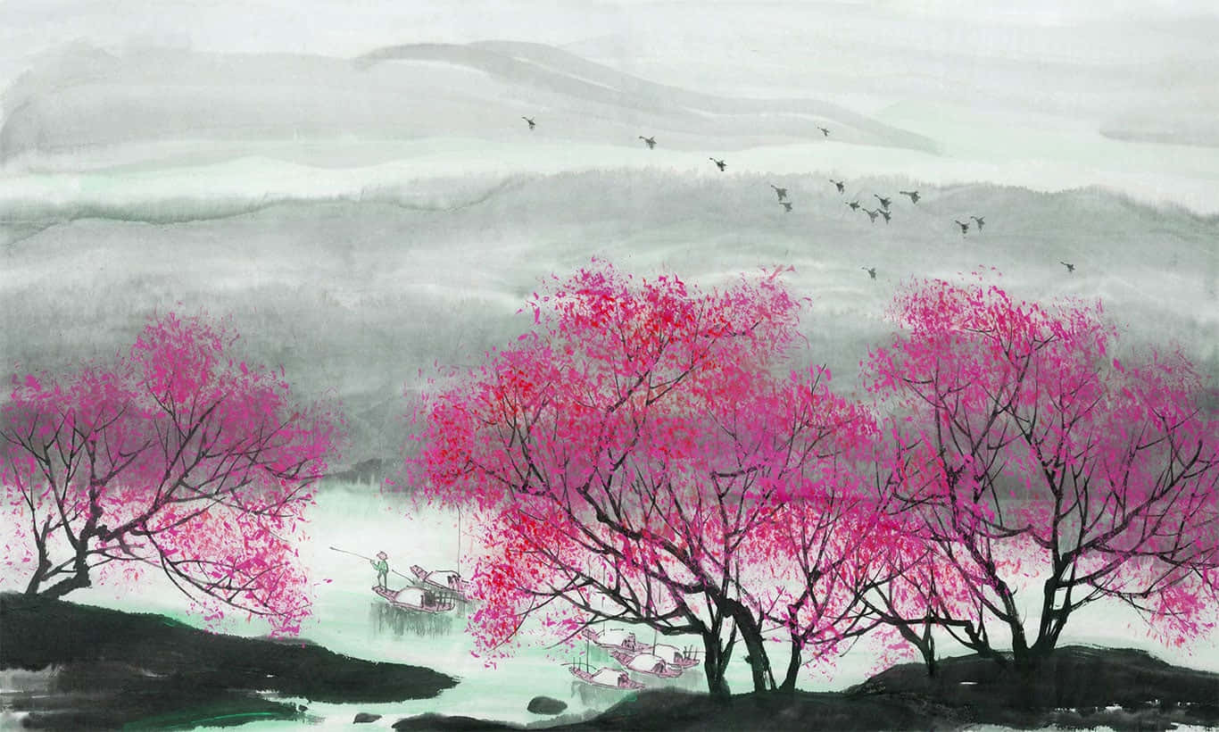 Cool Japanese Tree, pink cherry blossom trees, misty riverbank, HD Desktop Wallpaper