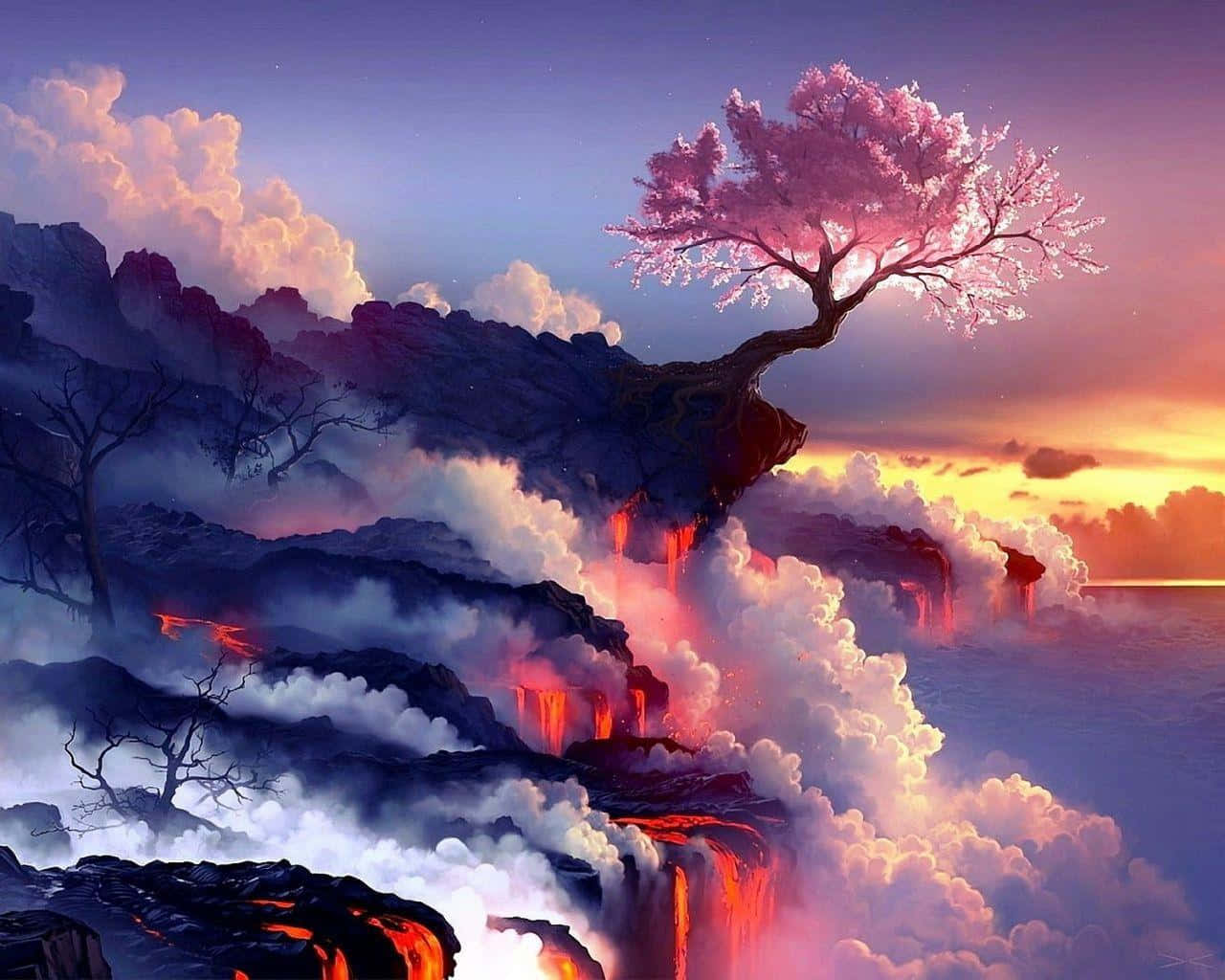 Cool Japanese Tree, pink cherry blossom tree, cliff, HD Desktop Wallpaper