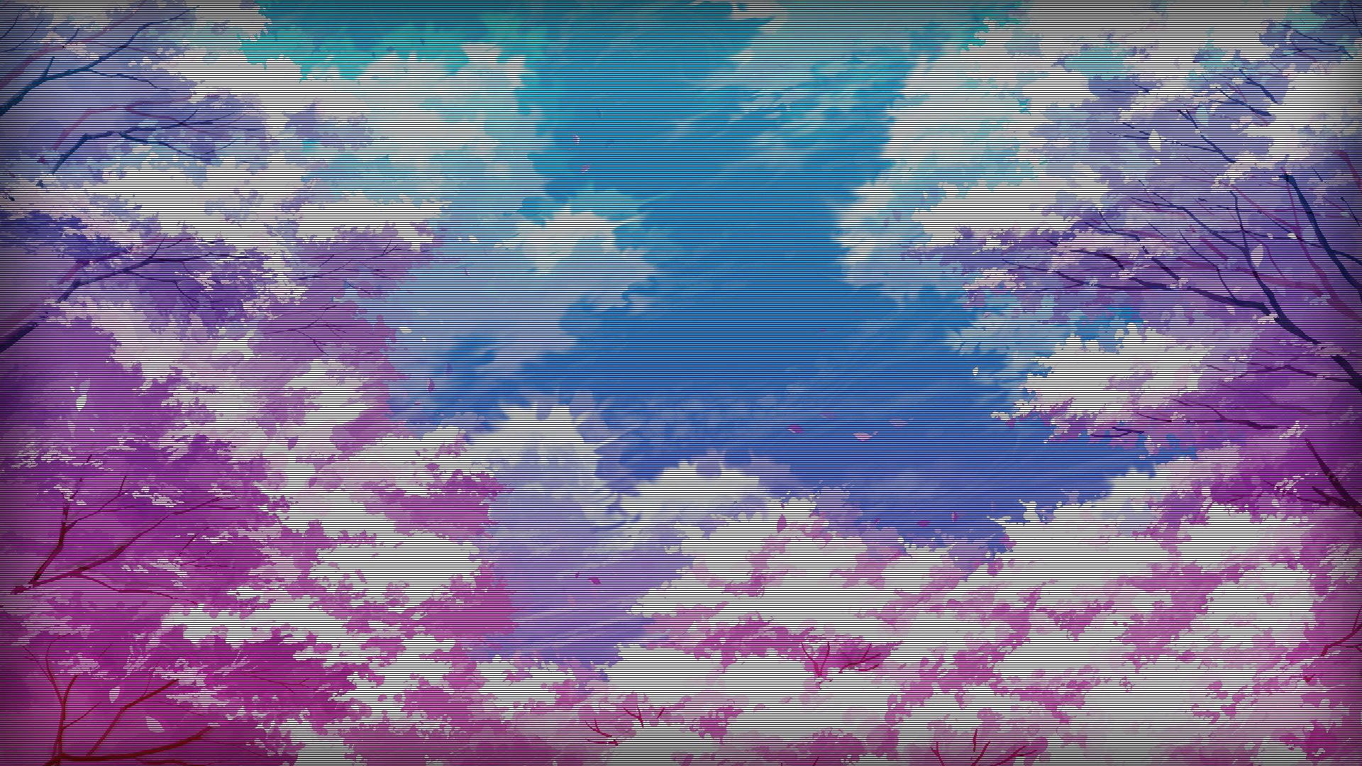 Japanese Aesthetic Gradient Trees, vibrant purple cherry blossoms, serene blue sky, Full HD Desktop Wallpaper