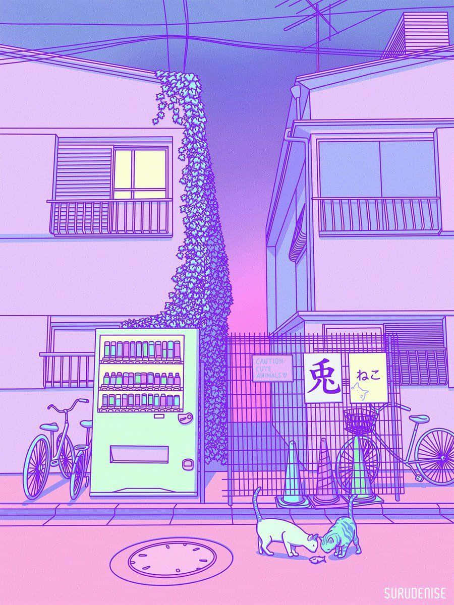 purple Japanese cherry blossom tree, neon-pink Japanese alleyway, glowing vending machine, SD Phone Wallpaper