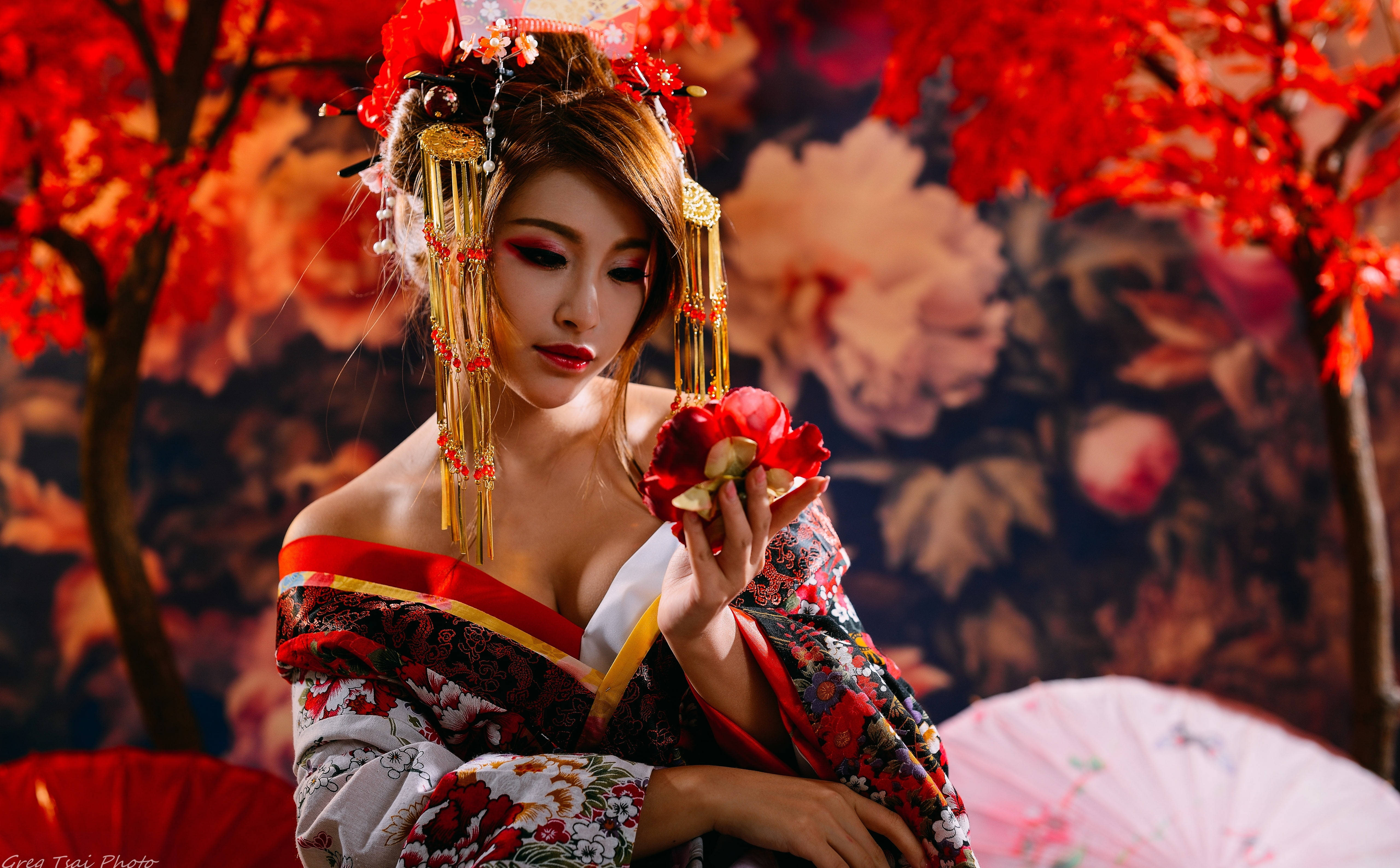 traditional Japanese attire, red flower, vibrant autumn trees, 5K Desktop Wallpaper