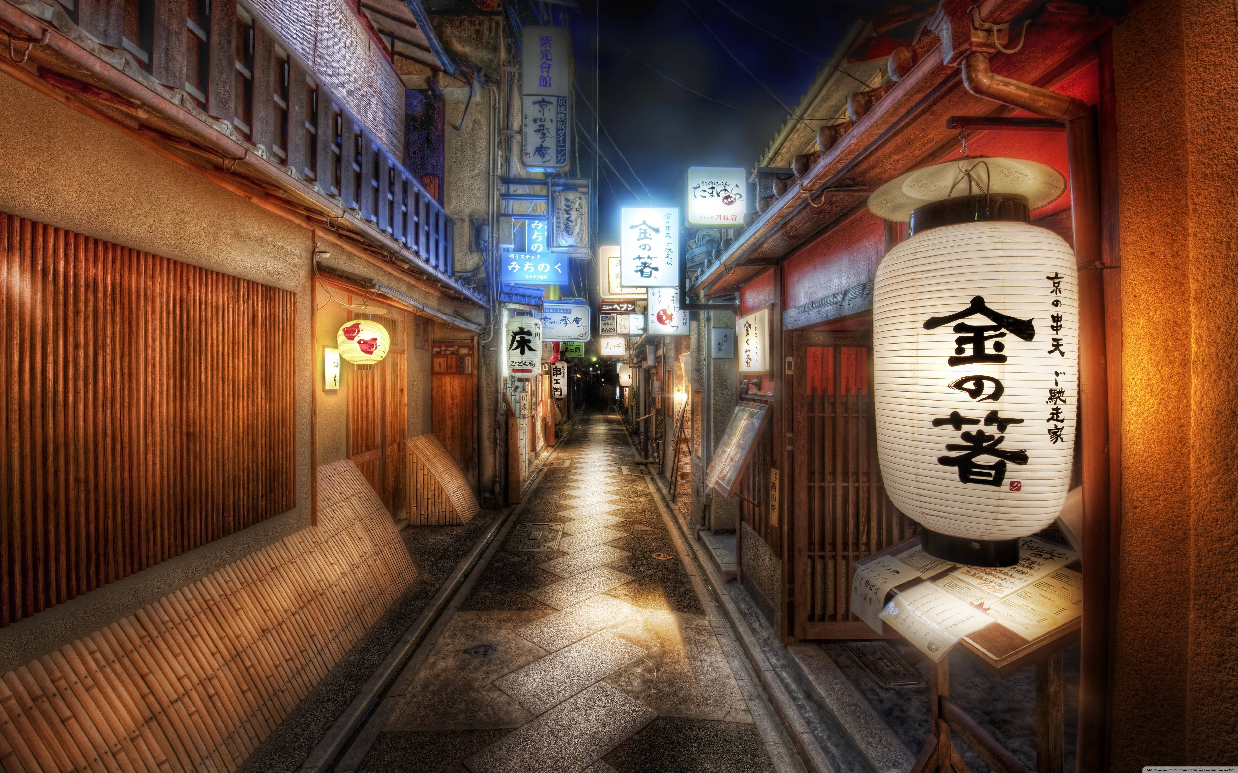 Japanese alleyway, night, glowing lanterns, 5K Desktop Wallpaper