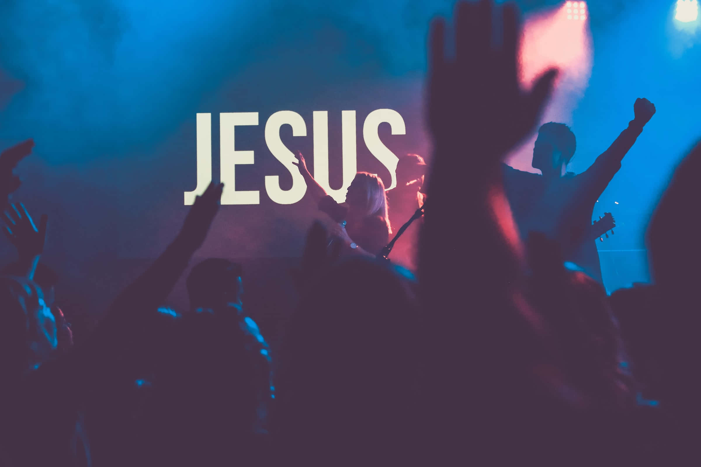 JESUS, blue and pink stage lights, glowing in white, Full HD Desktop Wallpaper
