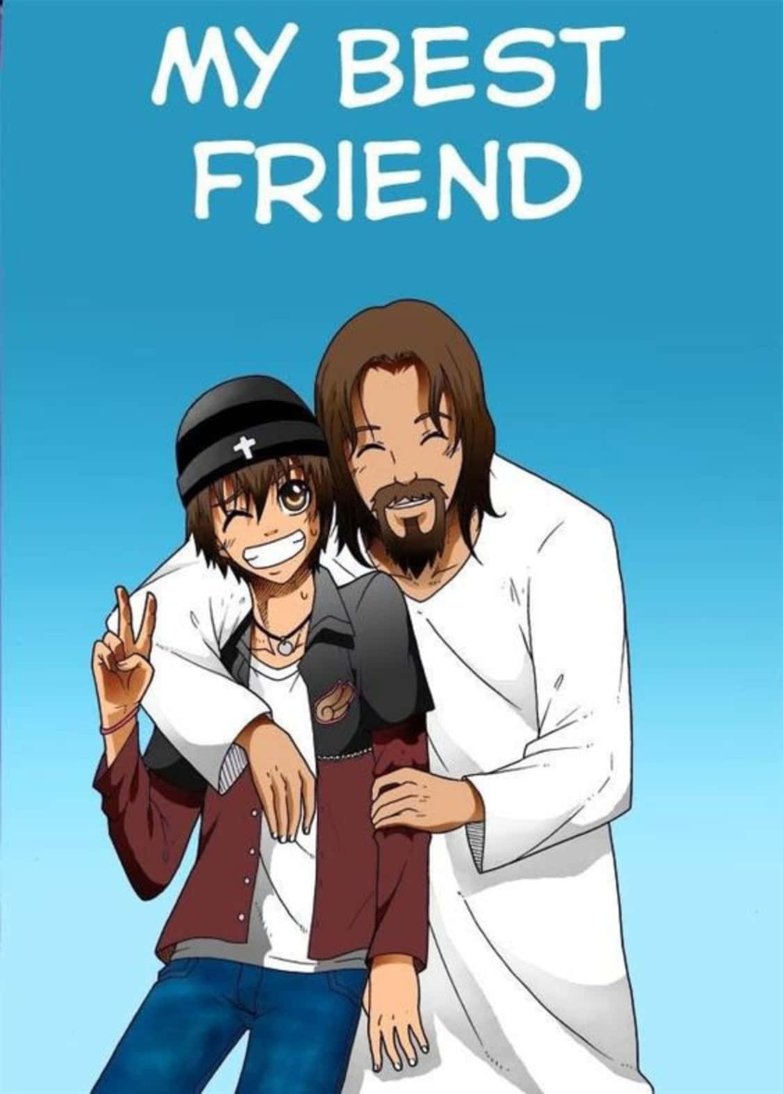 Cool Jesus, anime-style figures, clear blue sky, HD Phone Wallpaper