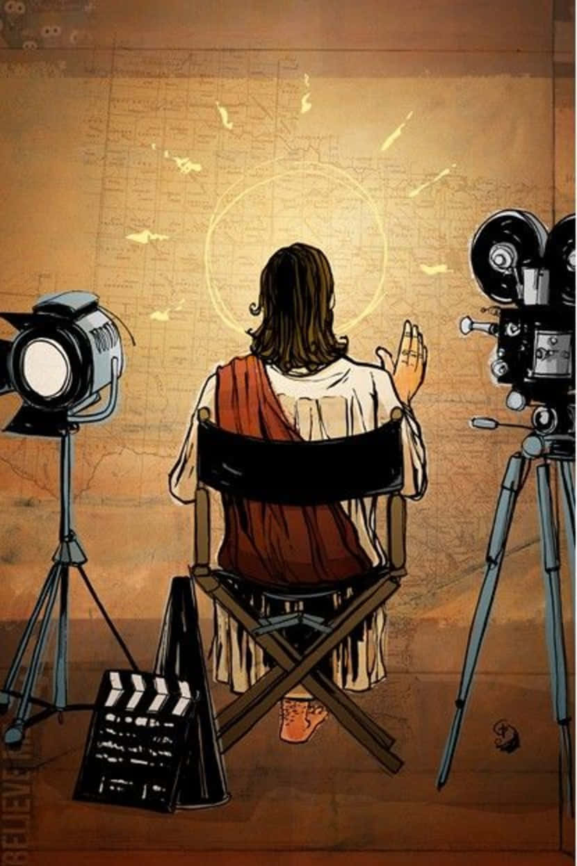 Jesus, director's chair, vintage film cameras, SD Phone Wallpaper
