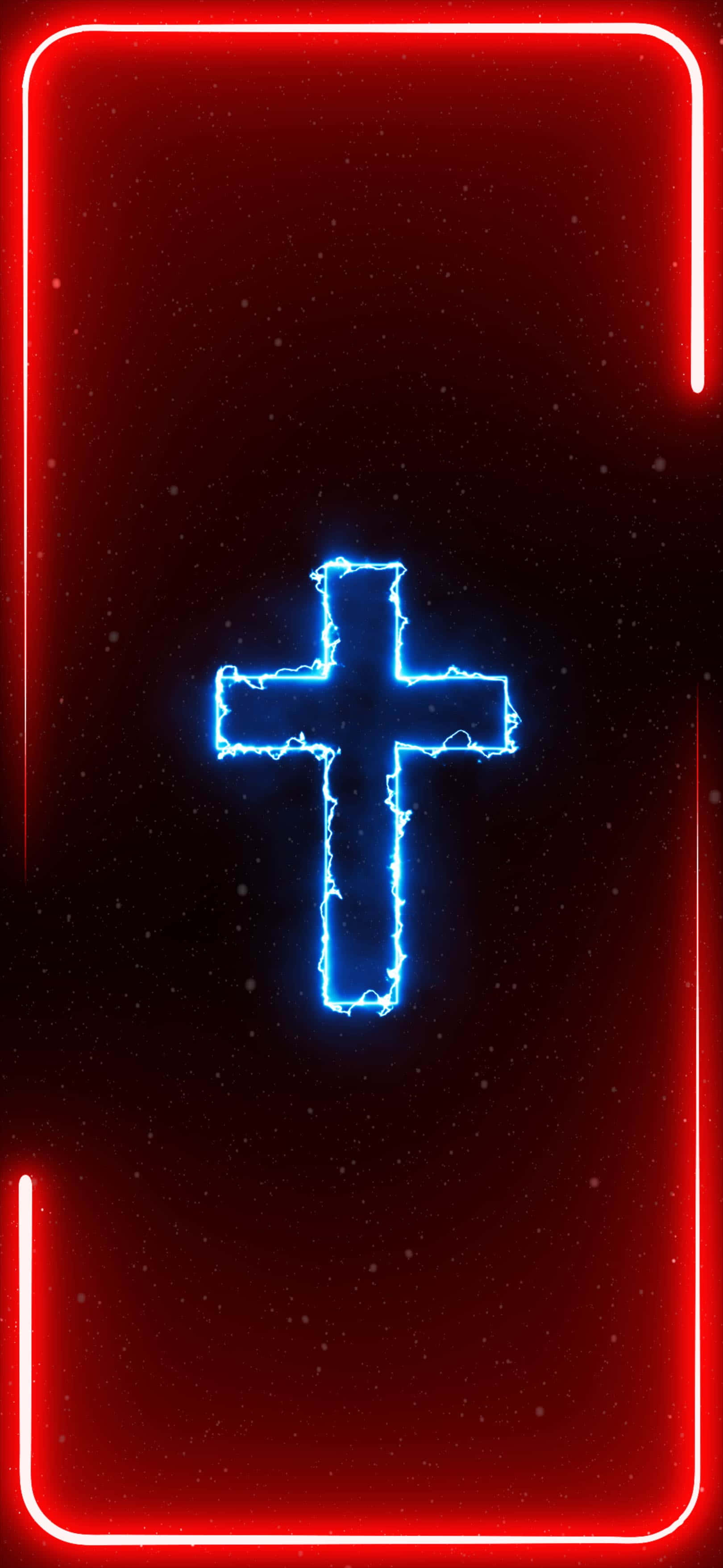 Cool Jesus, glowing blue electric cross, red neon rectangular frame, 2K Phone Wallpaper
