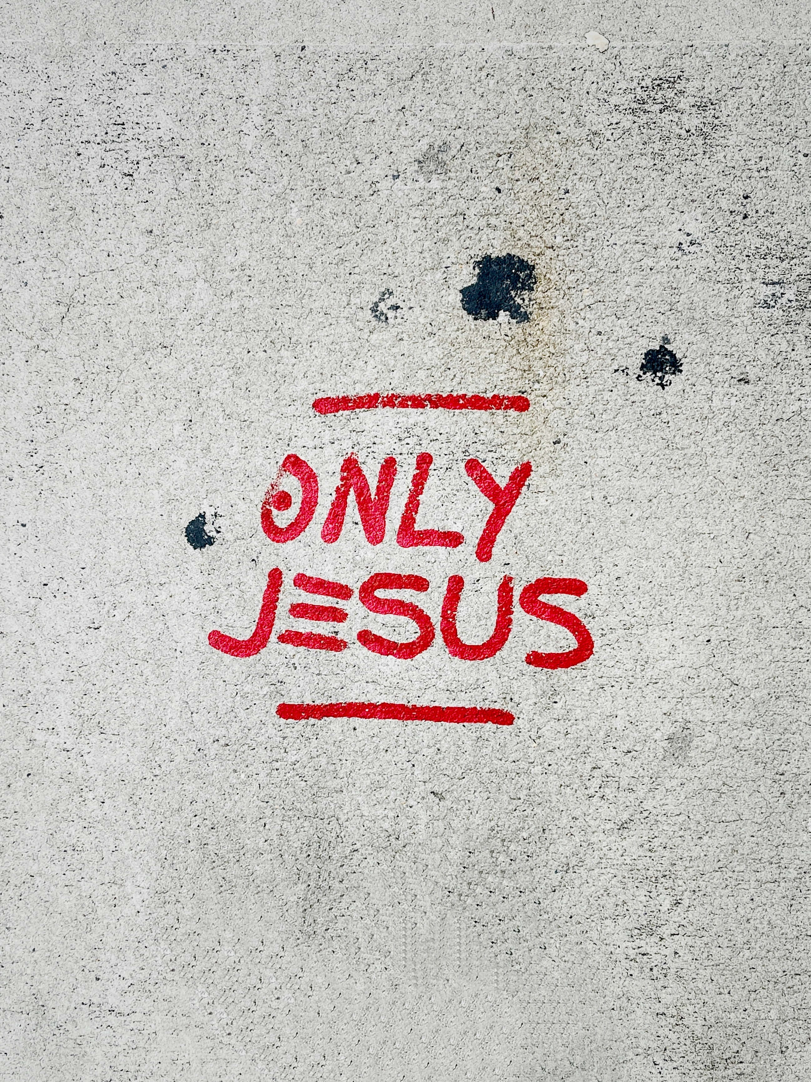 Jesus, red graffiti, weathered gray concrete, 2K Phone Wallpaper