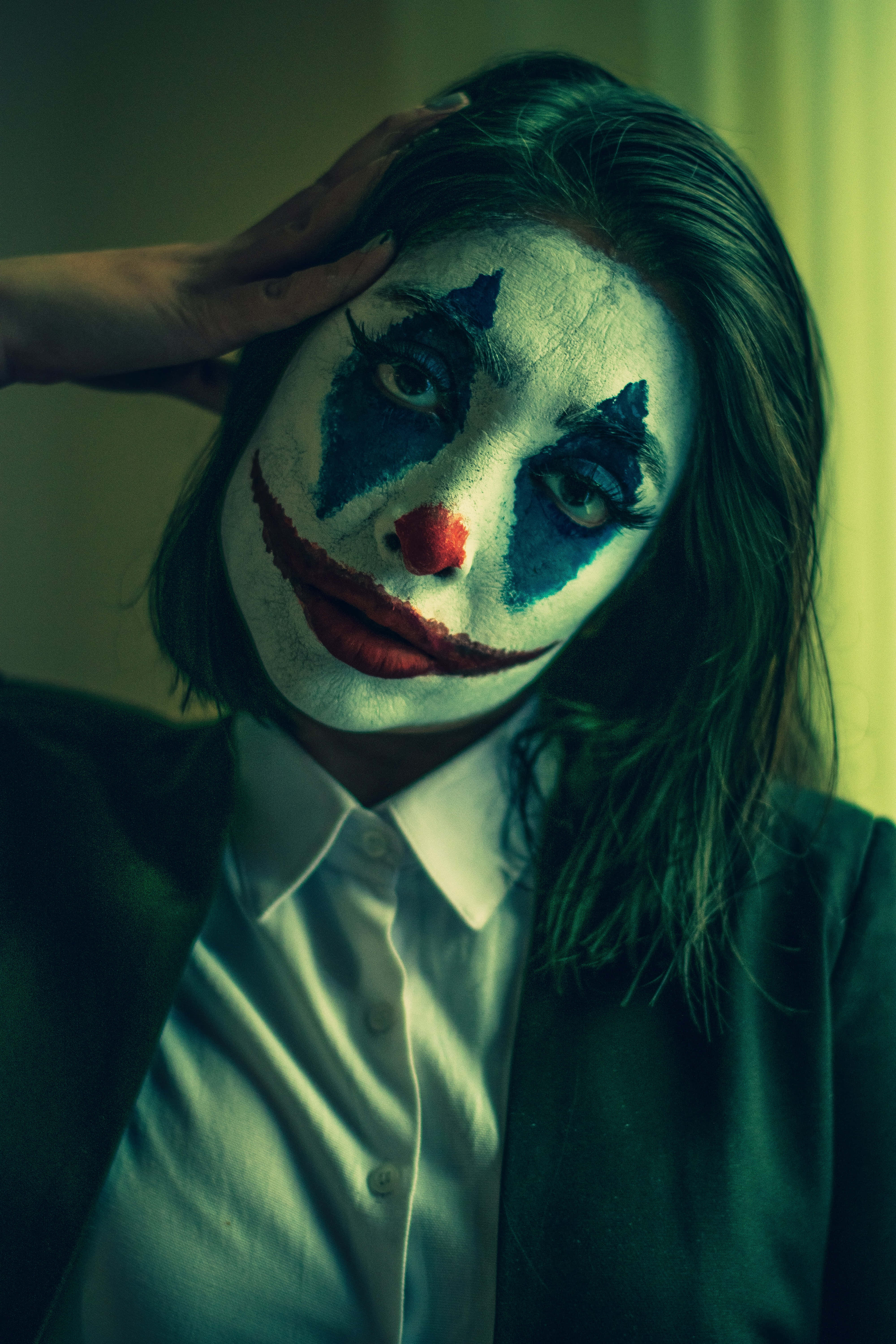 Cool Joker, clown makeup, dimly lit room, 5K Phone Wallpaper