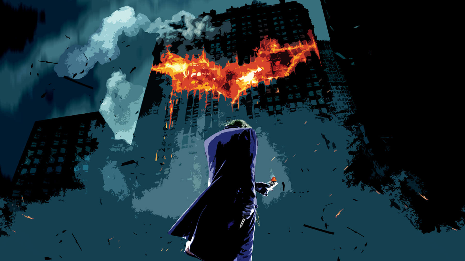 Cool Joker, fiery Batman logo, purple coat, Full HD Desktop Wallpaper