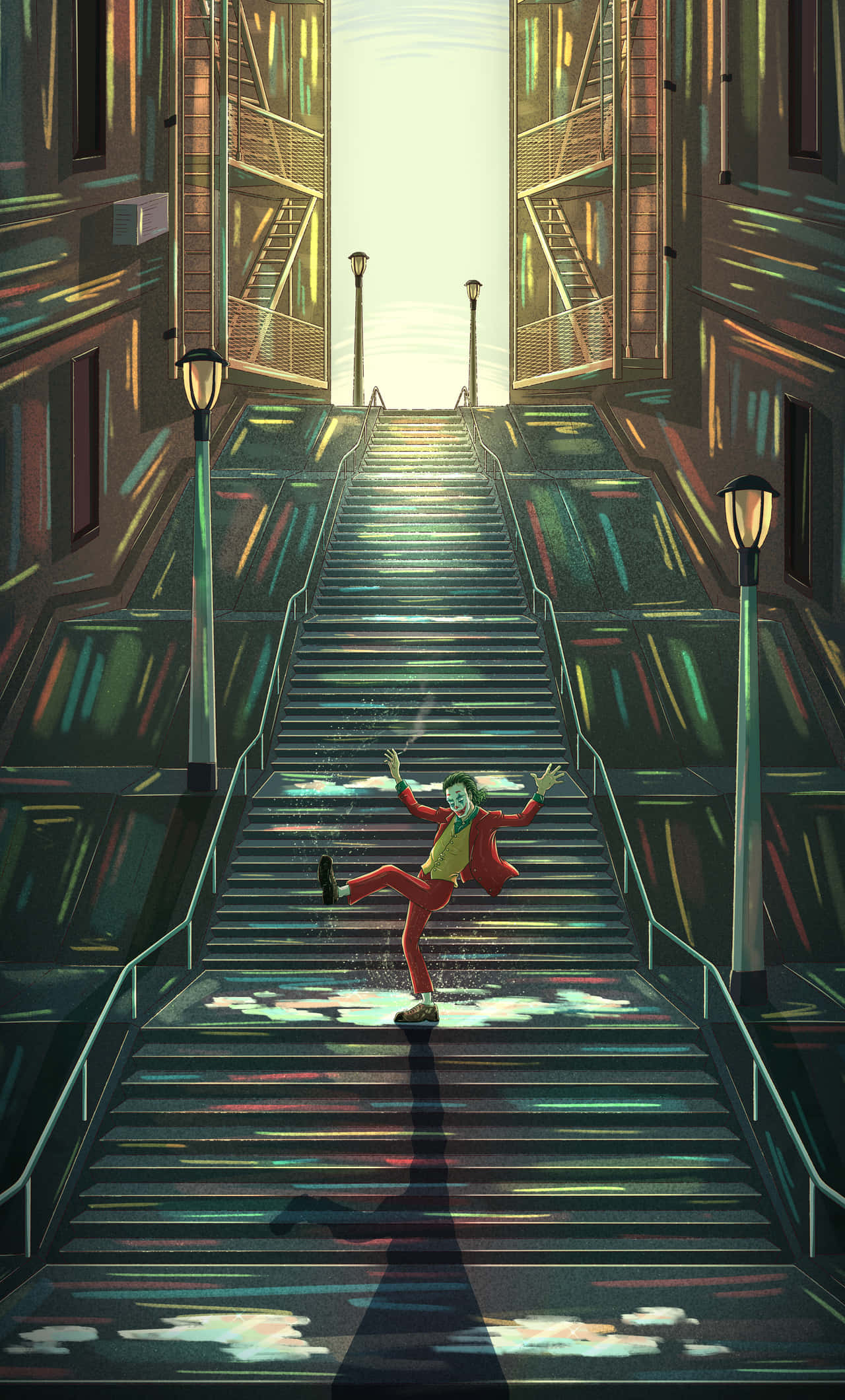 Cool Joker, red suit, urban staircase, Full HD Phone Wallpaper
