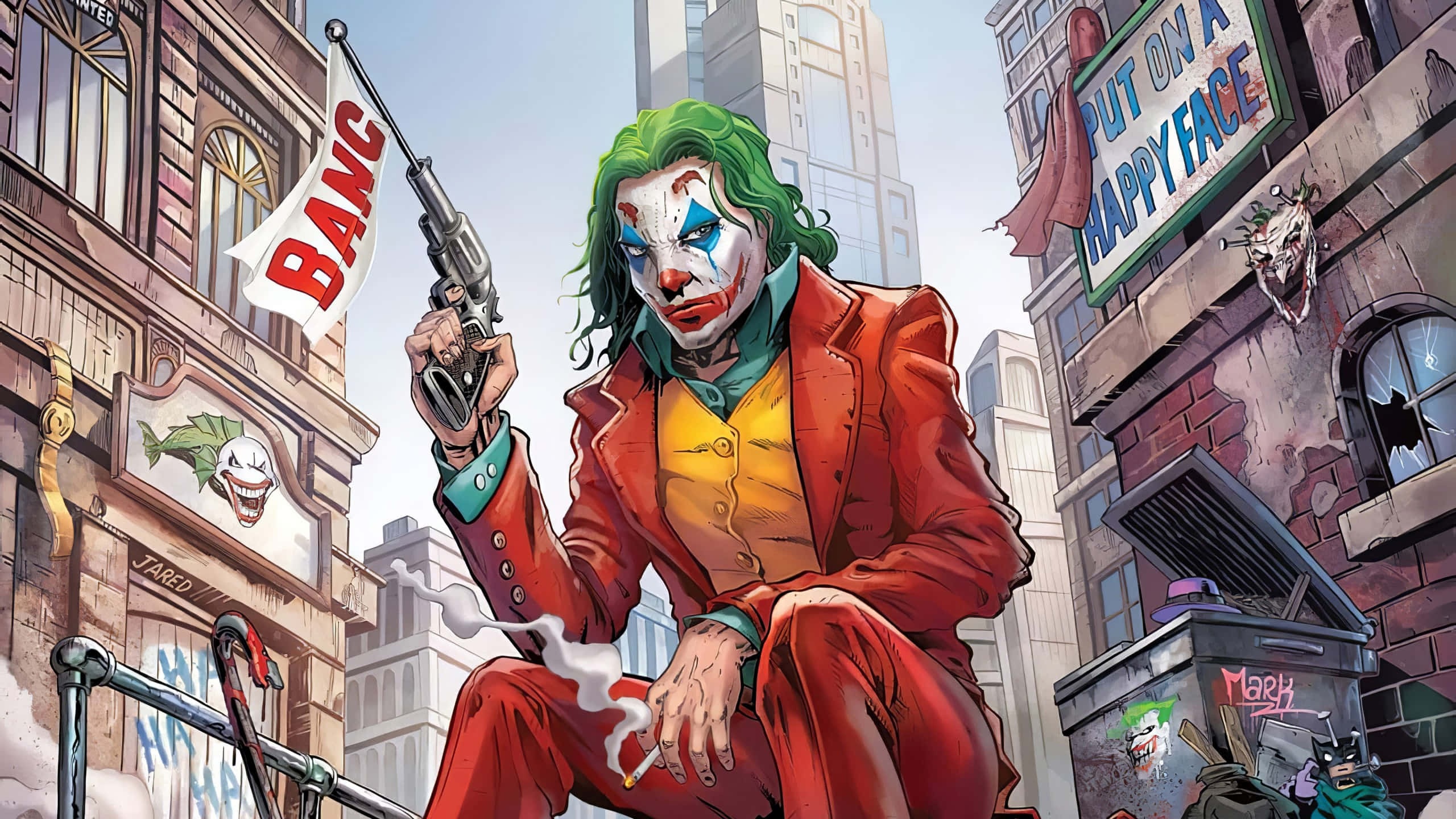Joker, fire escape, gritty city alley, 2K Desktop Wallpaper