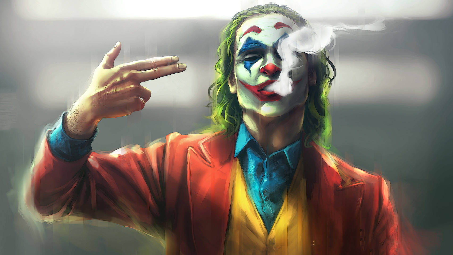 Joker, green hair, red suit, Full HD Desktop Wallpaper