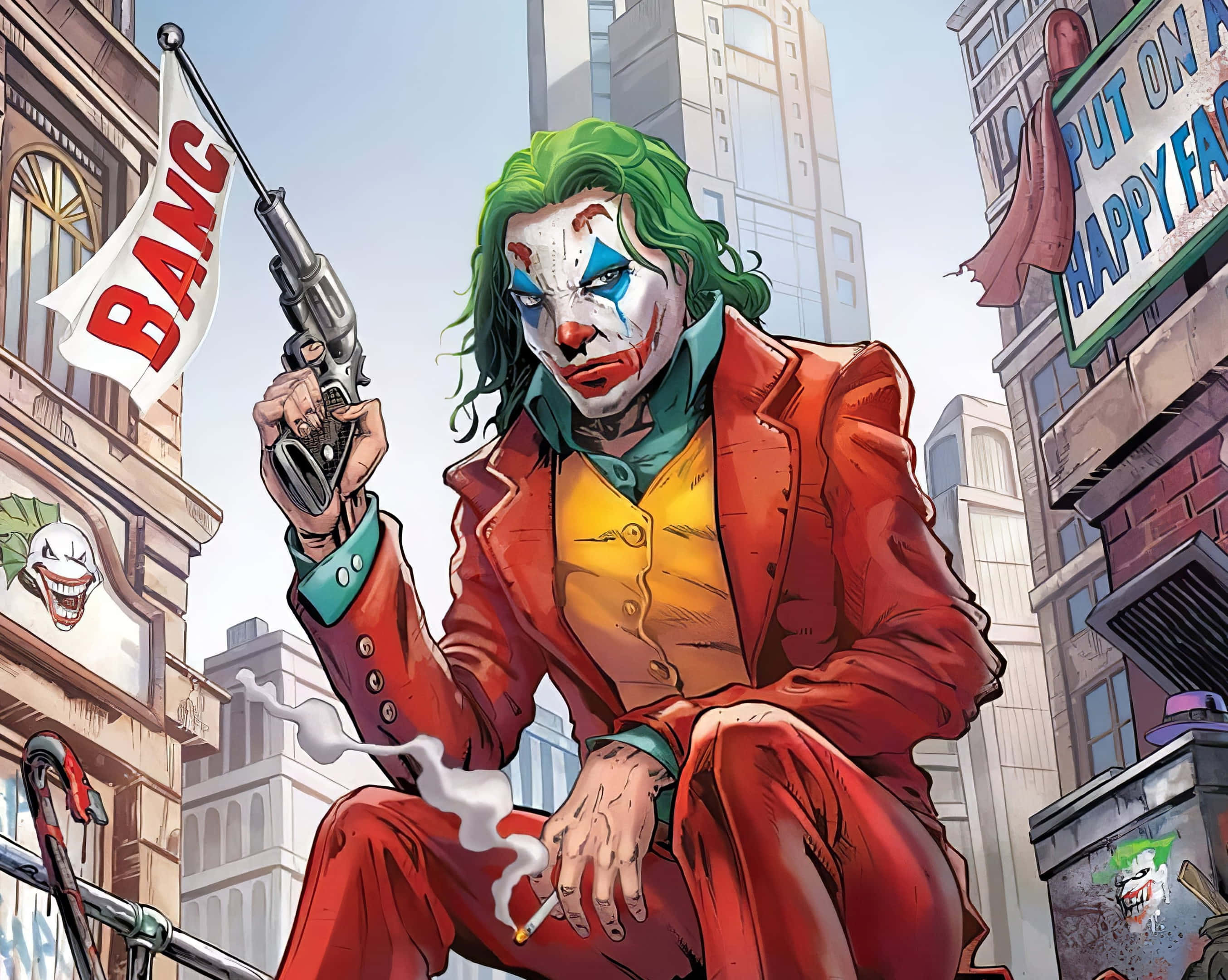 Joker, red suit, green hair, 2K Desktop Wallpaper