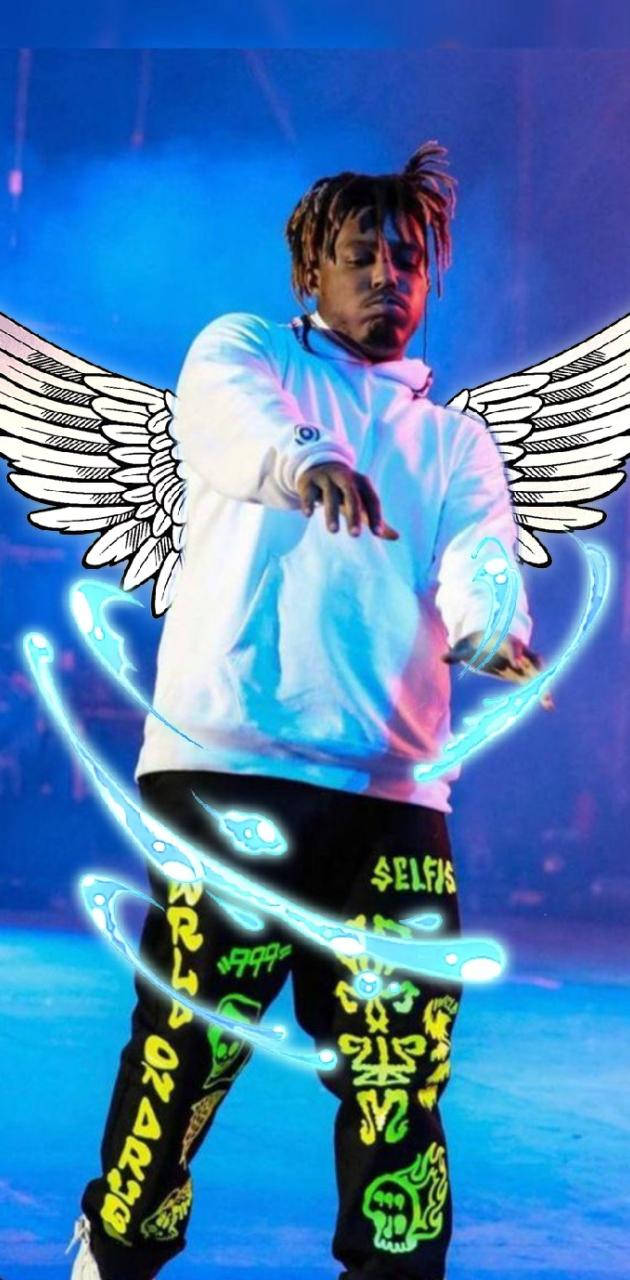 Cool Juice WRLD, glowing blue energy swirls, angel wings, HD Phone Wallpaper
