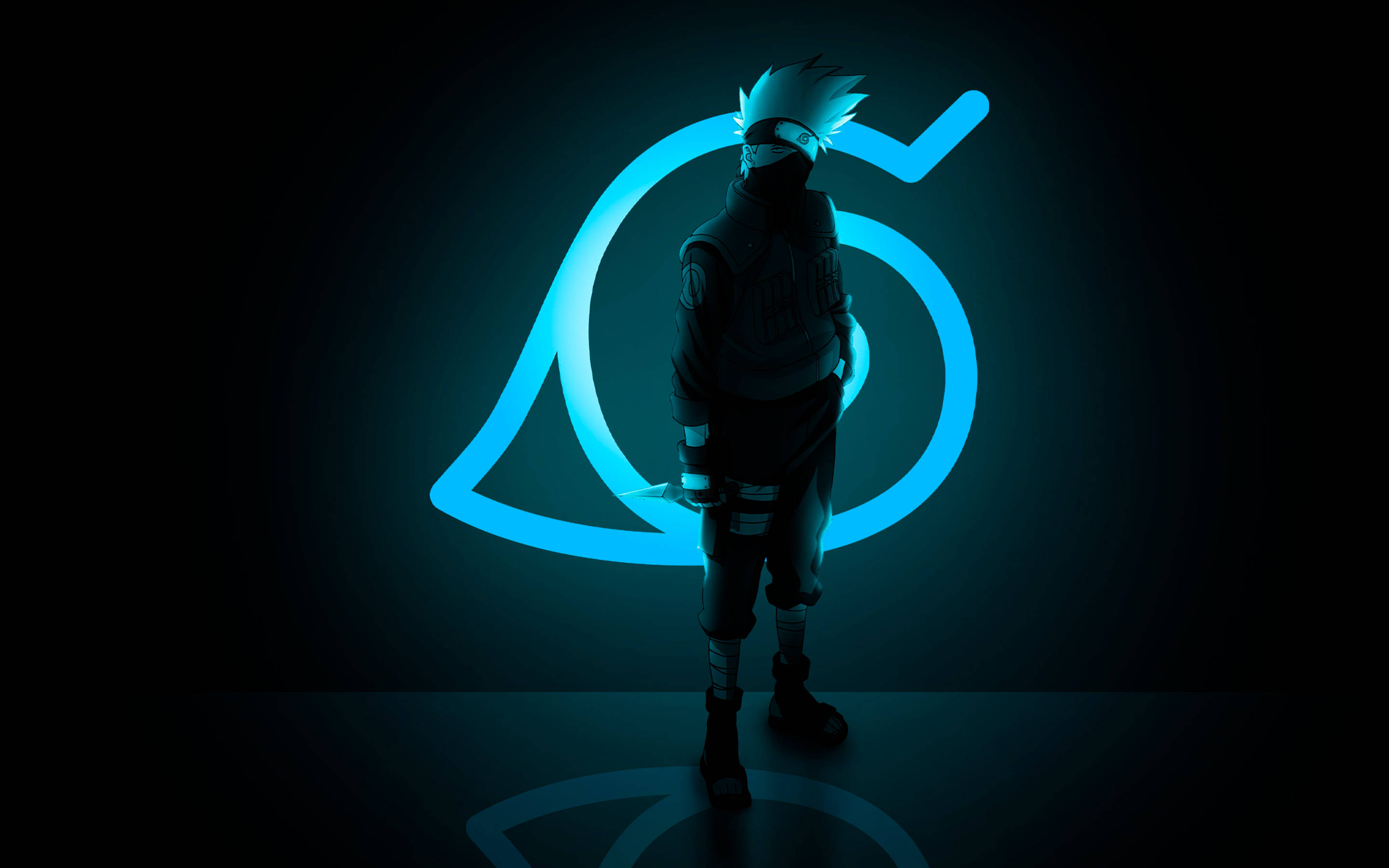 Kakashi, glowing blue spiral emblem, dark room, 2K Desktop Wallpaper