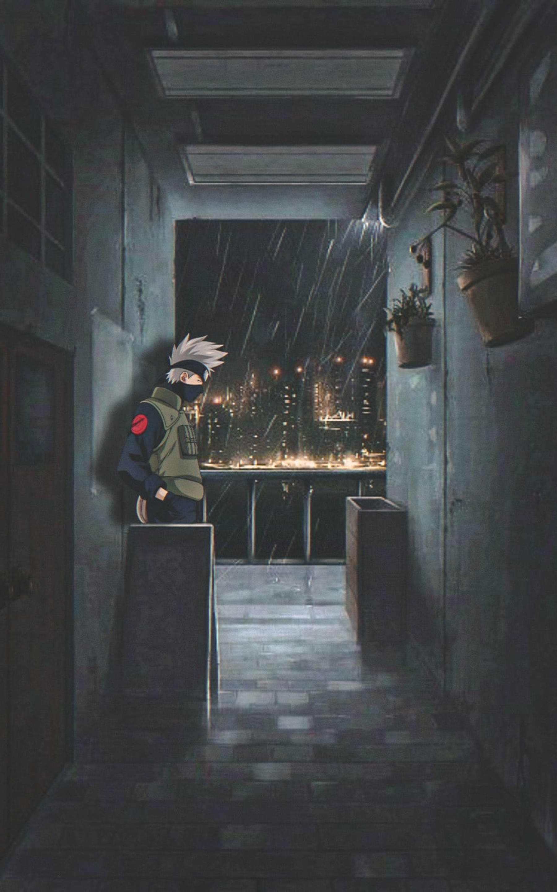 Kakashi, masked ninja, rain-slicked urban balcony, 2K Phone Wallpaper