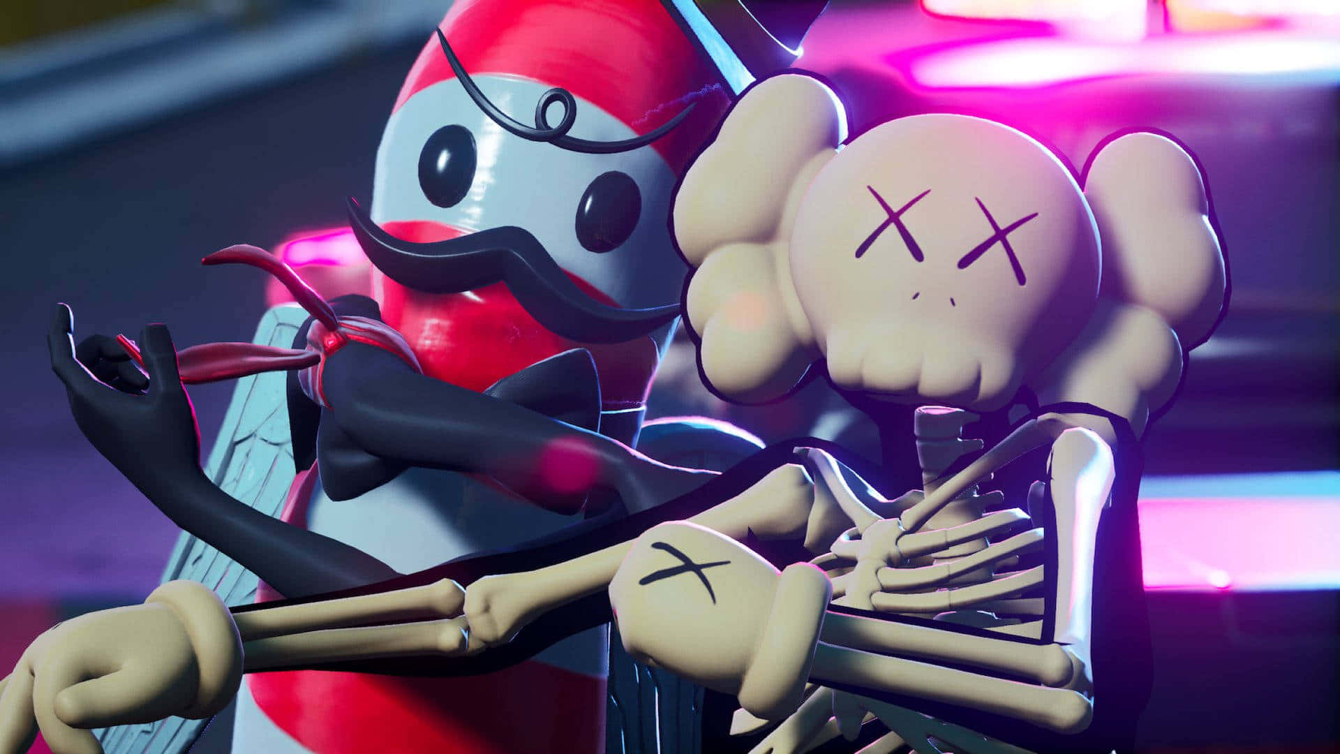 Kaws, red and white cartoonish figure with a mustache, beige skull-headed skeleton, Full HD Desktop Wallpaper