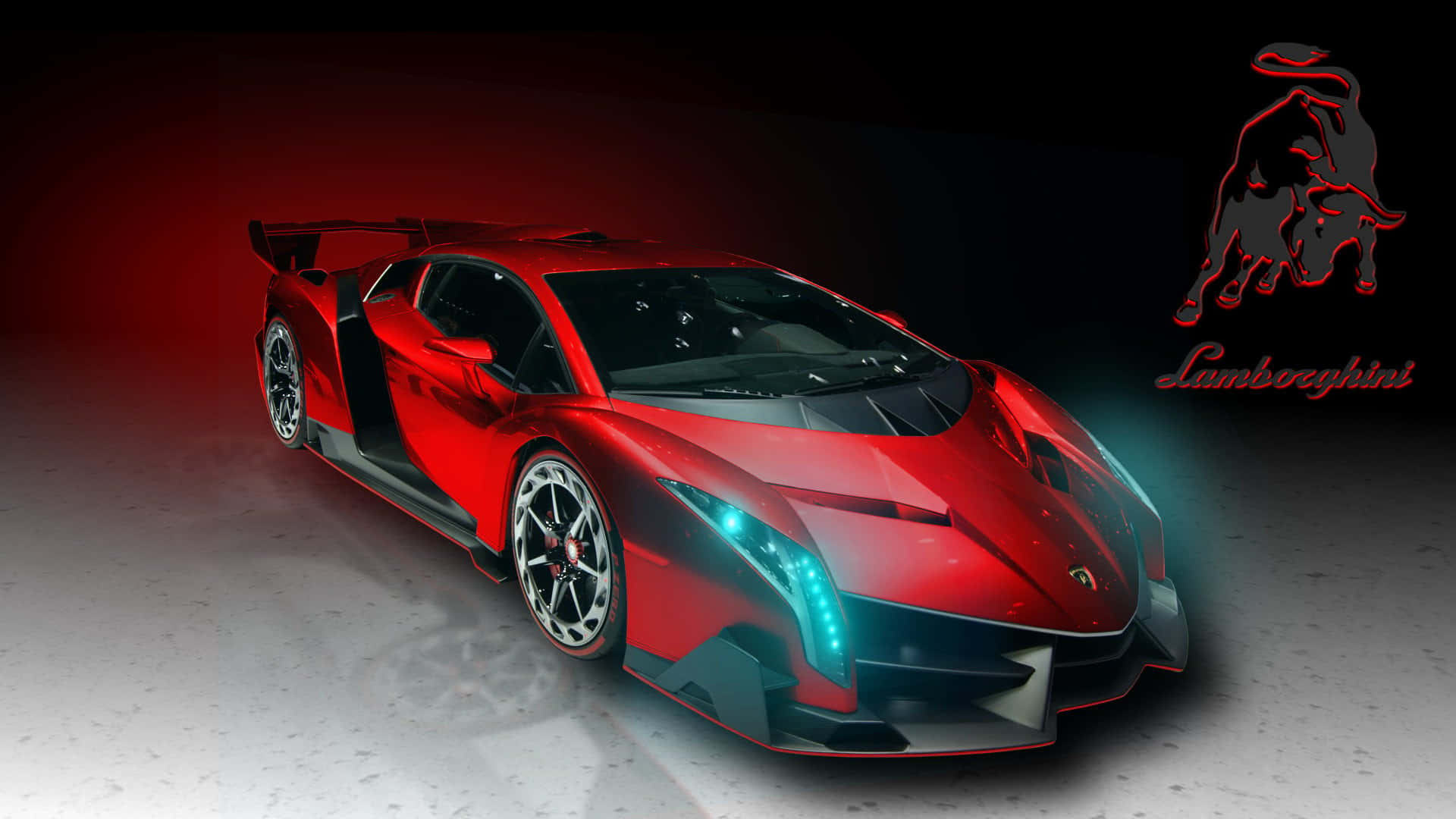 Lamborghini, glossy red, glowing blue headlights, Full HD Desktop Wallpaper