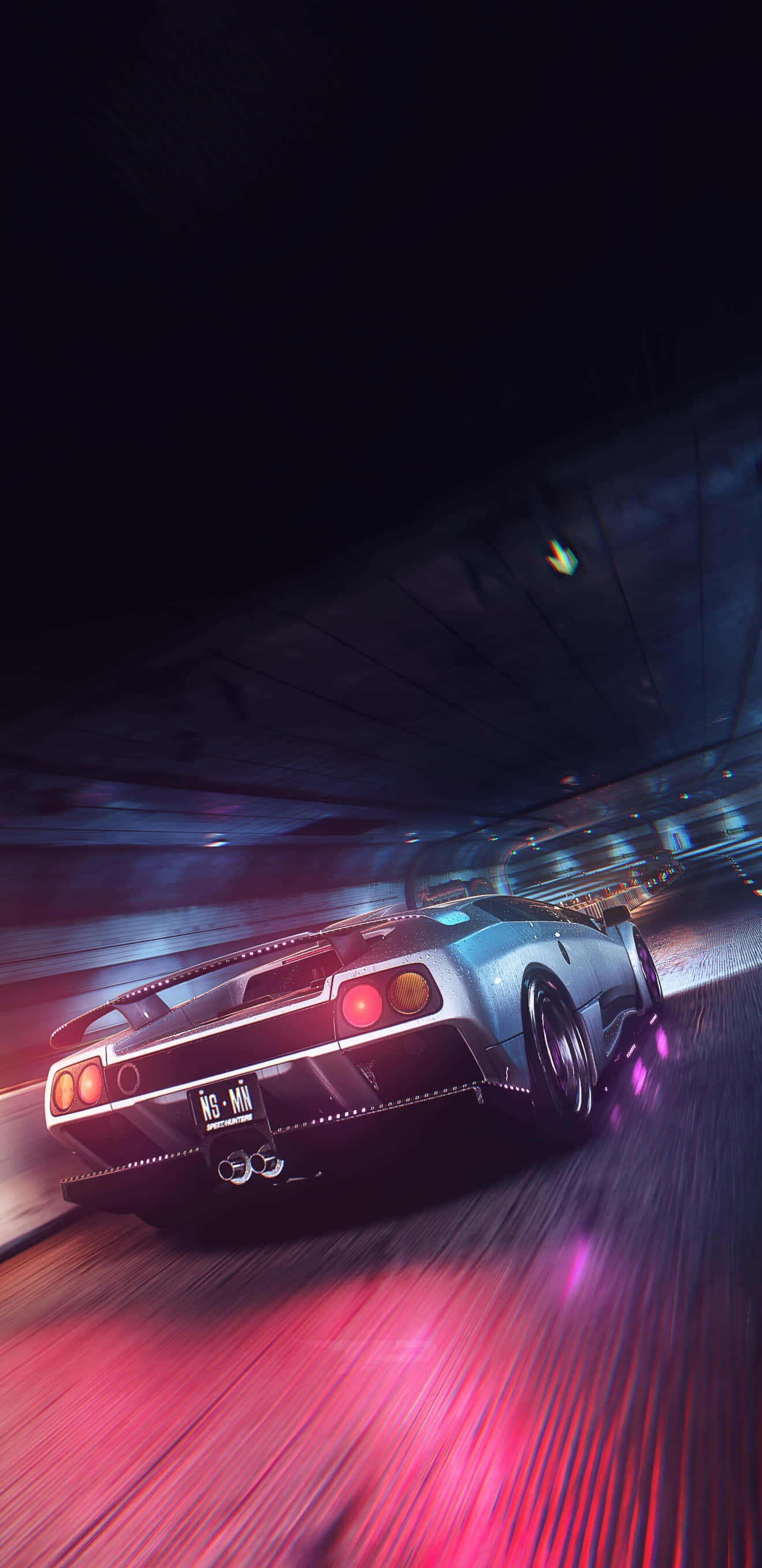 neon lamborghini, silver sports car, red and blue motion blur streaks, 2K Phone Wallpaper