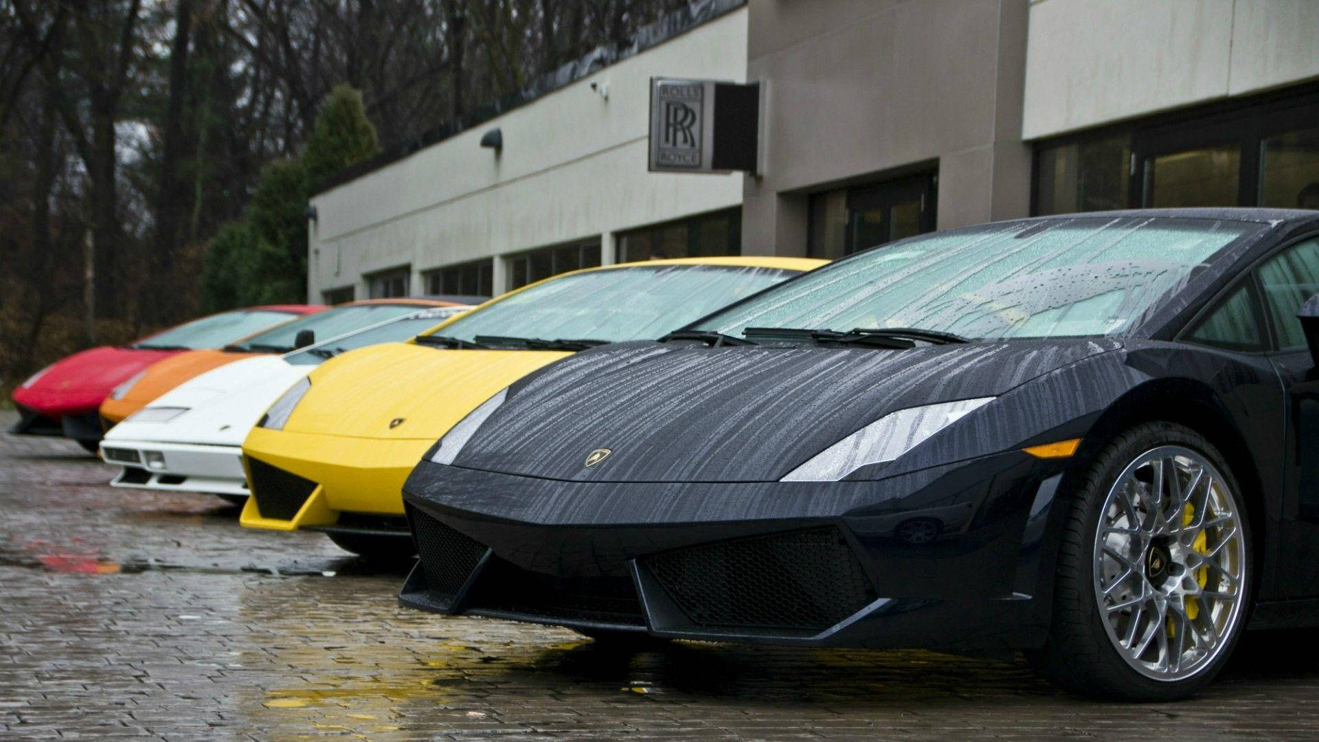 Lamborghini, vibrant, wet cobblestone lot, Full HD Desktop Wallpaper