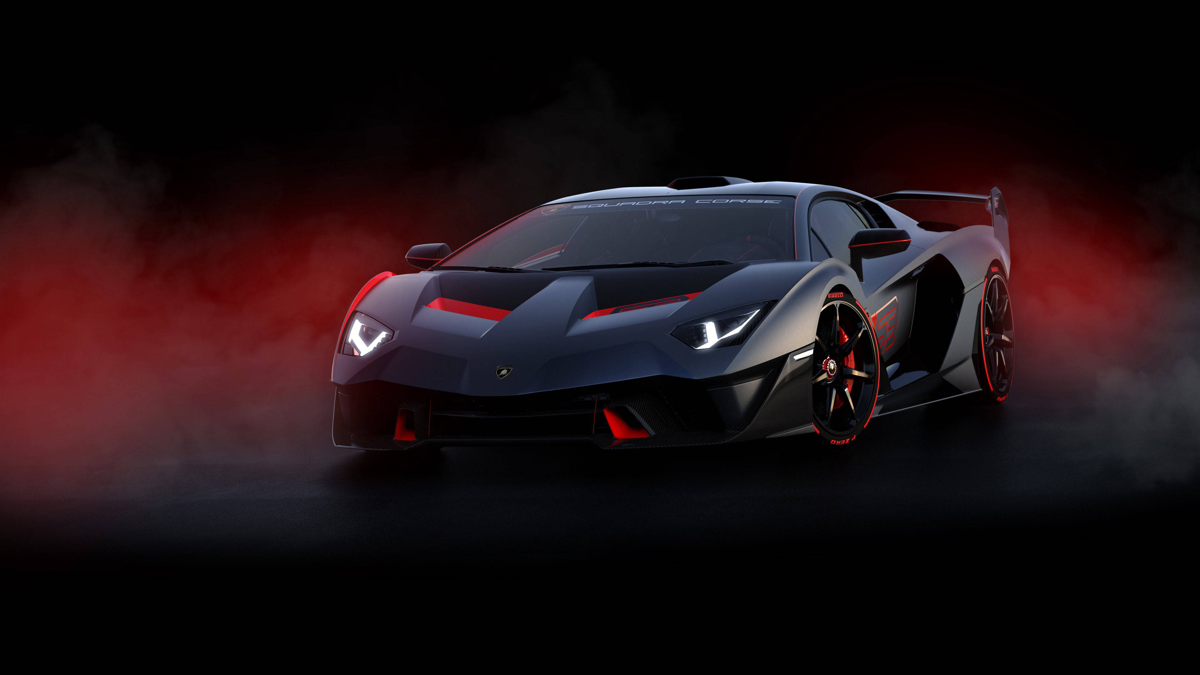 Lamborghini, black, red accents, 4K Desktop Wallpaper