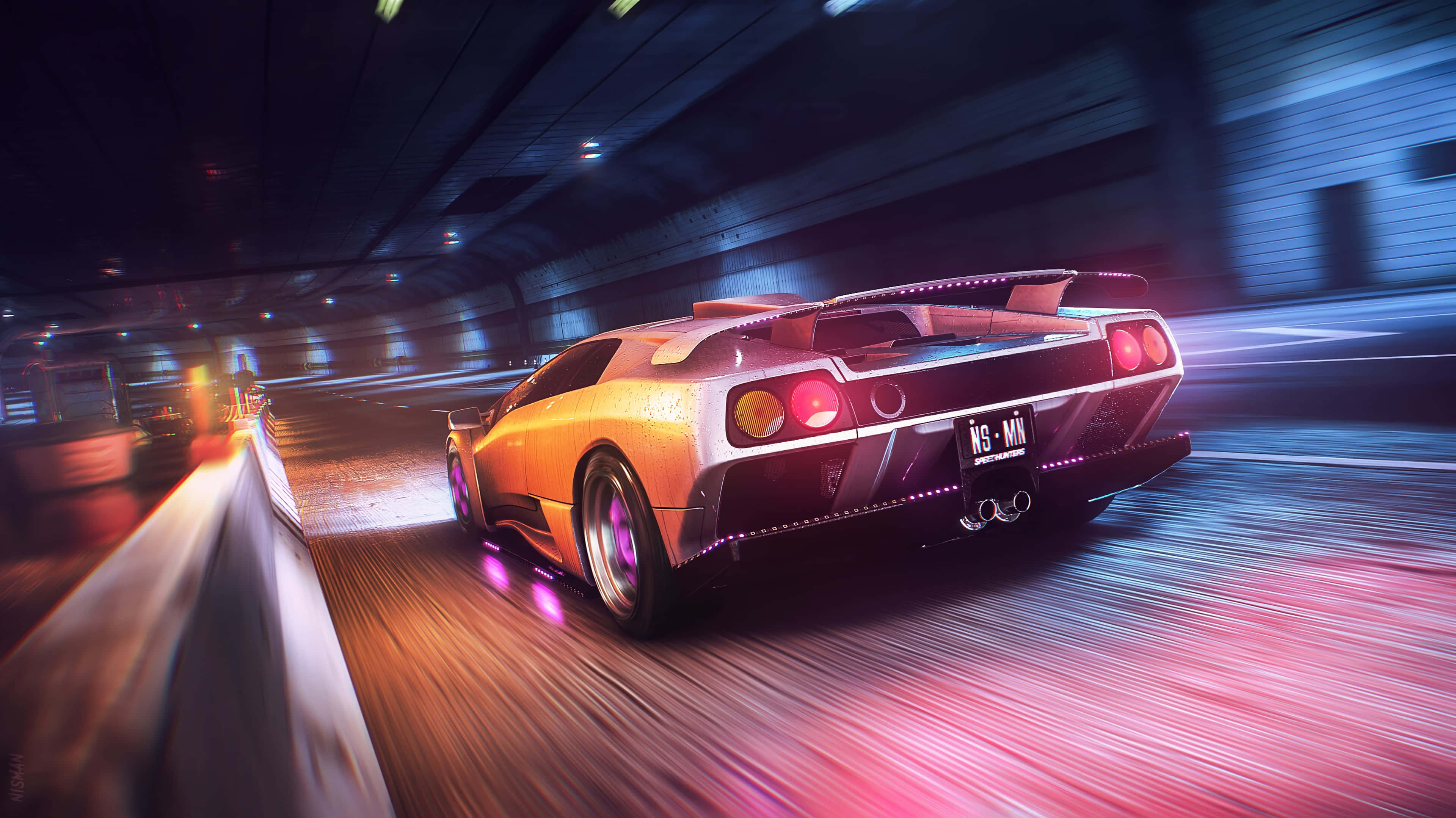 Neon Lamborghini, golden sports car, neon-lit tunnel, 4K Desktop Wallpaper