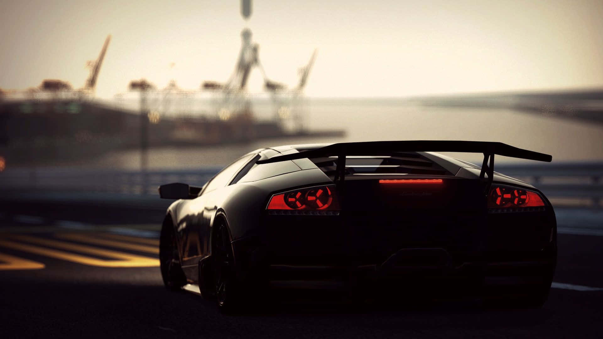 Lamborghini, sleek black sports car, glowing red taillights, Full HD Desktop Wallpaper