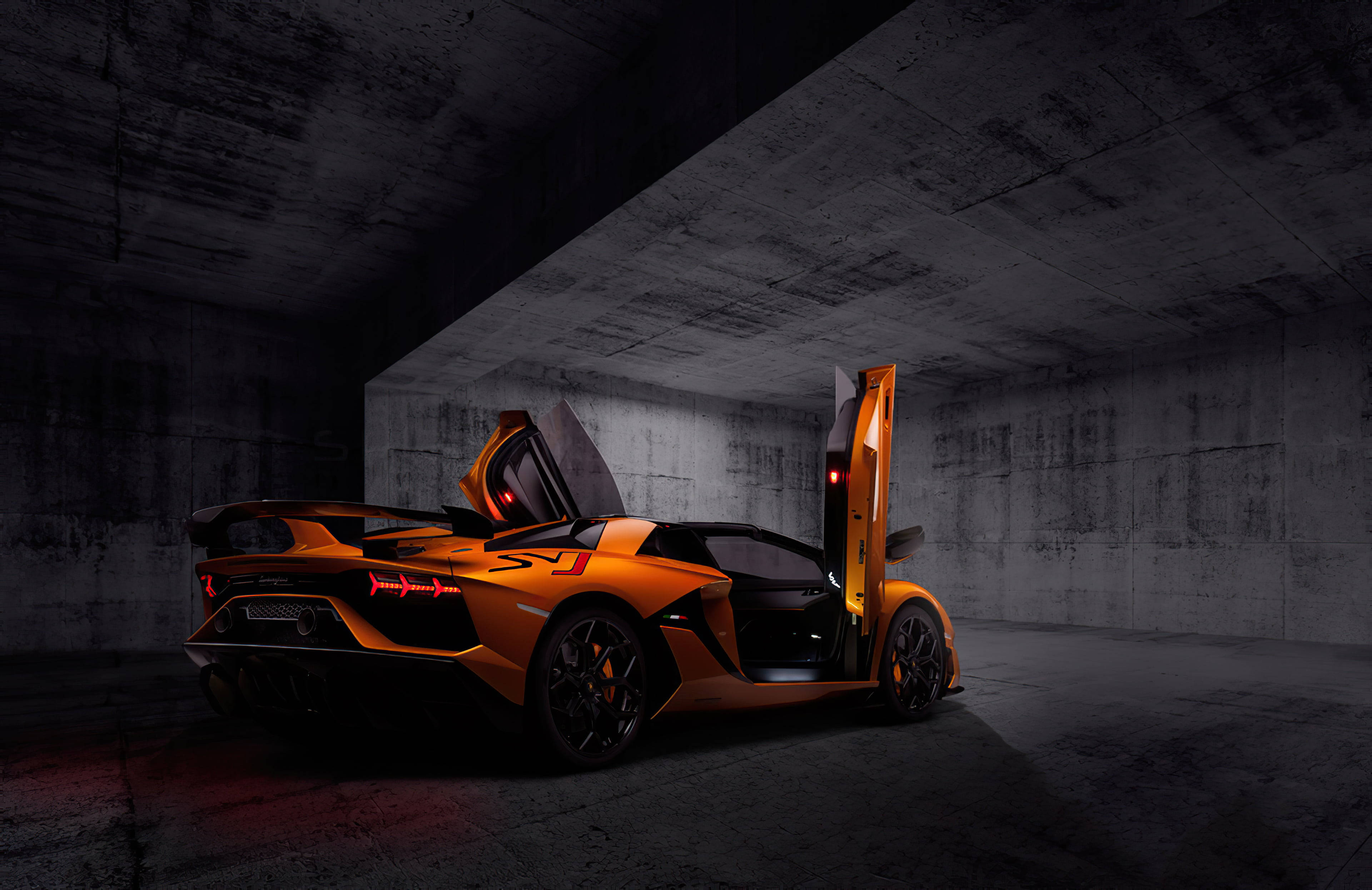 Lamborghini, scissor doors, vibrant orange, 4K Desktop Wallpaper