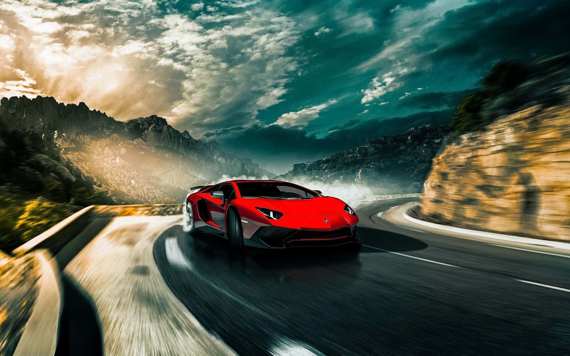 Lamborghini, vibrant red, winding mountain road, Full HD Desktop Wallpaper